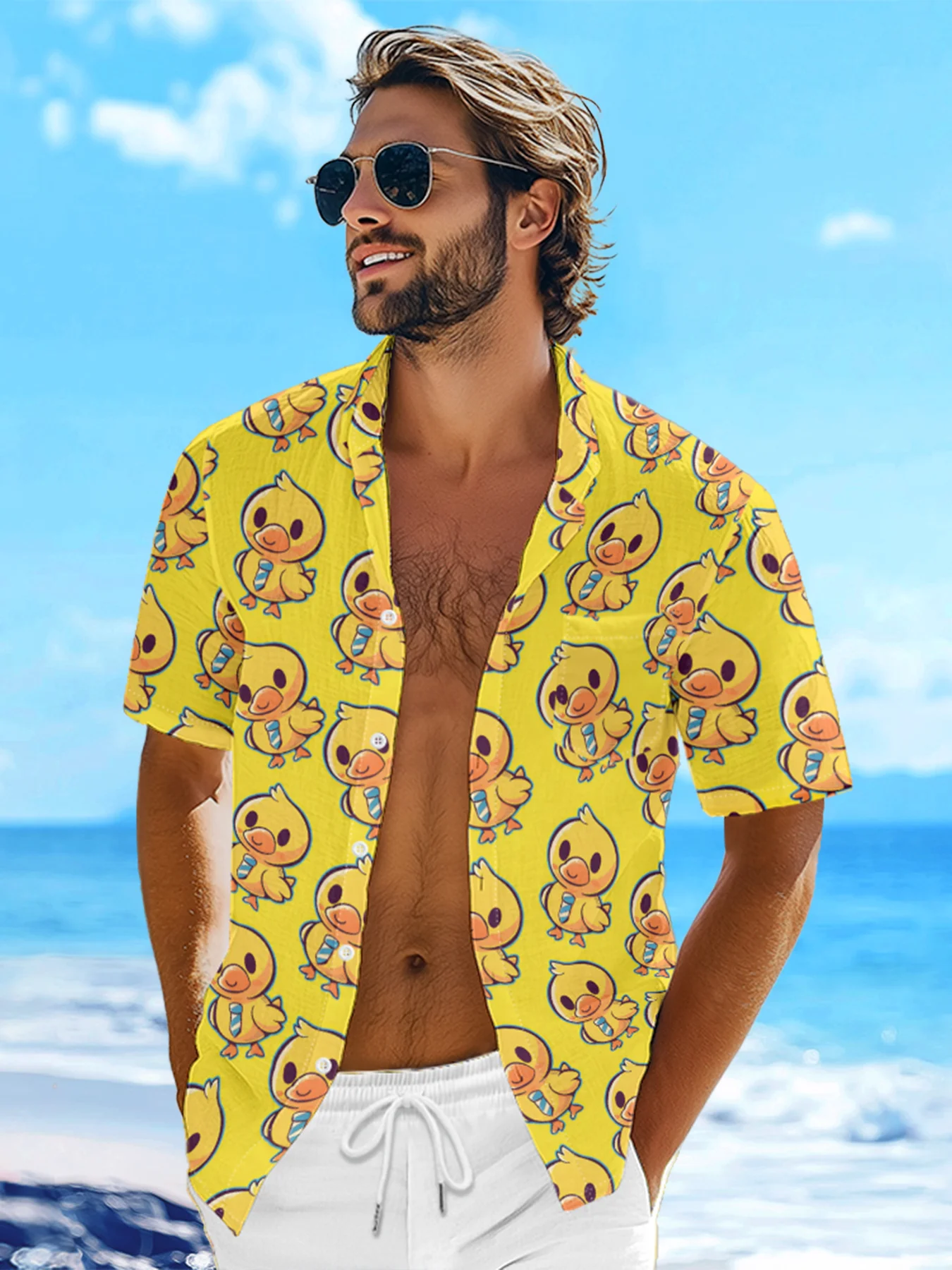 Hardaddy X Techranova Moisture-wicking Yellow Duck Chest Pocket Hawaiian Shirt