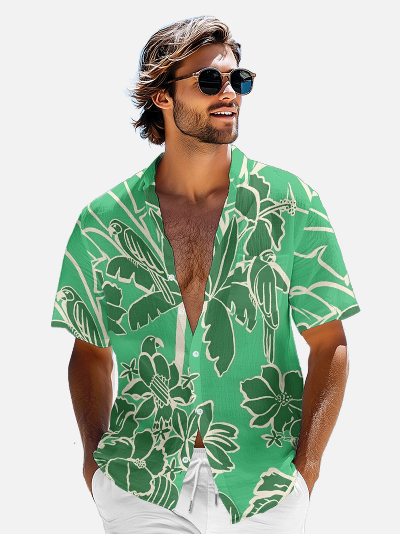 Moisture-wicking Parrots Palm Tree Chest Pocket Hawaiian Shirt