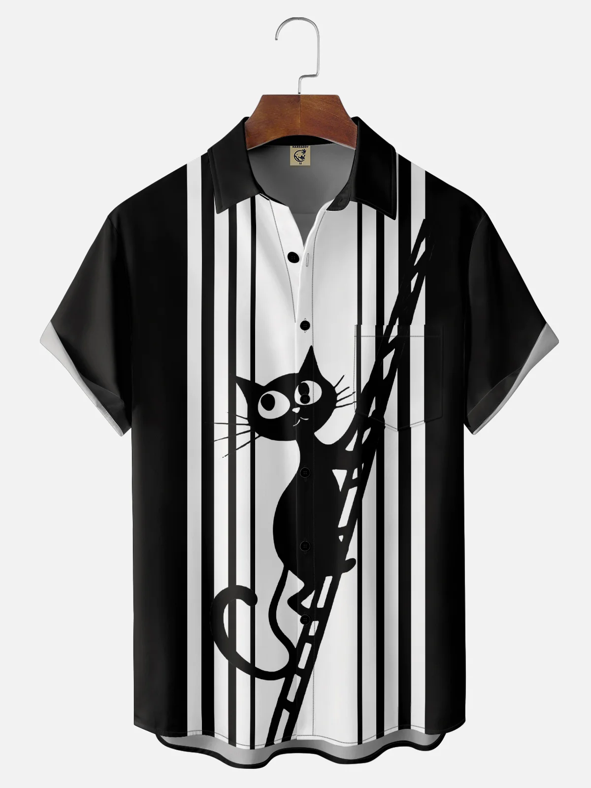 Moisture Wicking Cat Ladder Pompom Chest Pocket Bowling Shirt