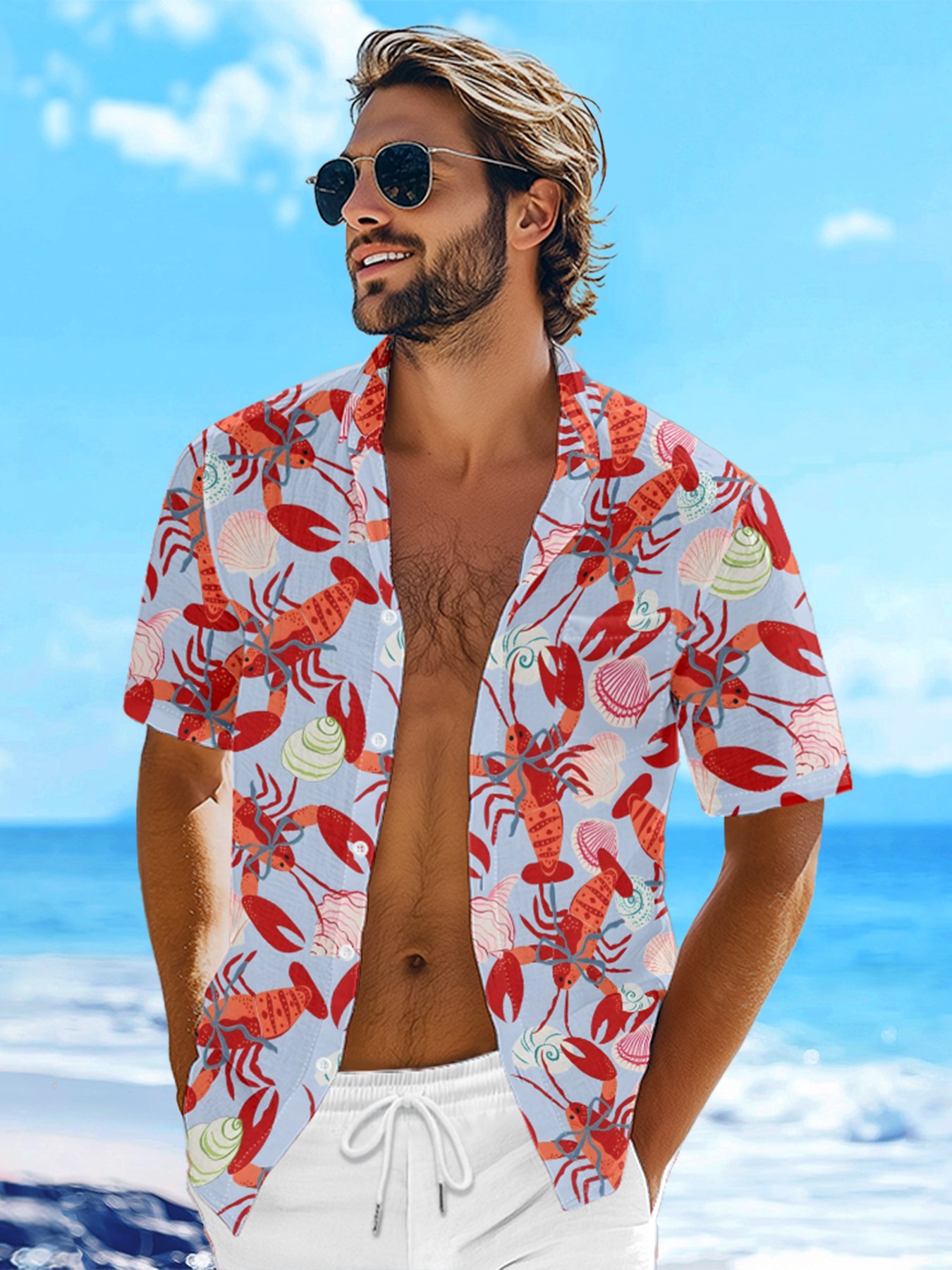 Moisture-wicking Lobster Festival Chest Pocket Hawaiian Shirt