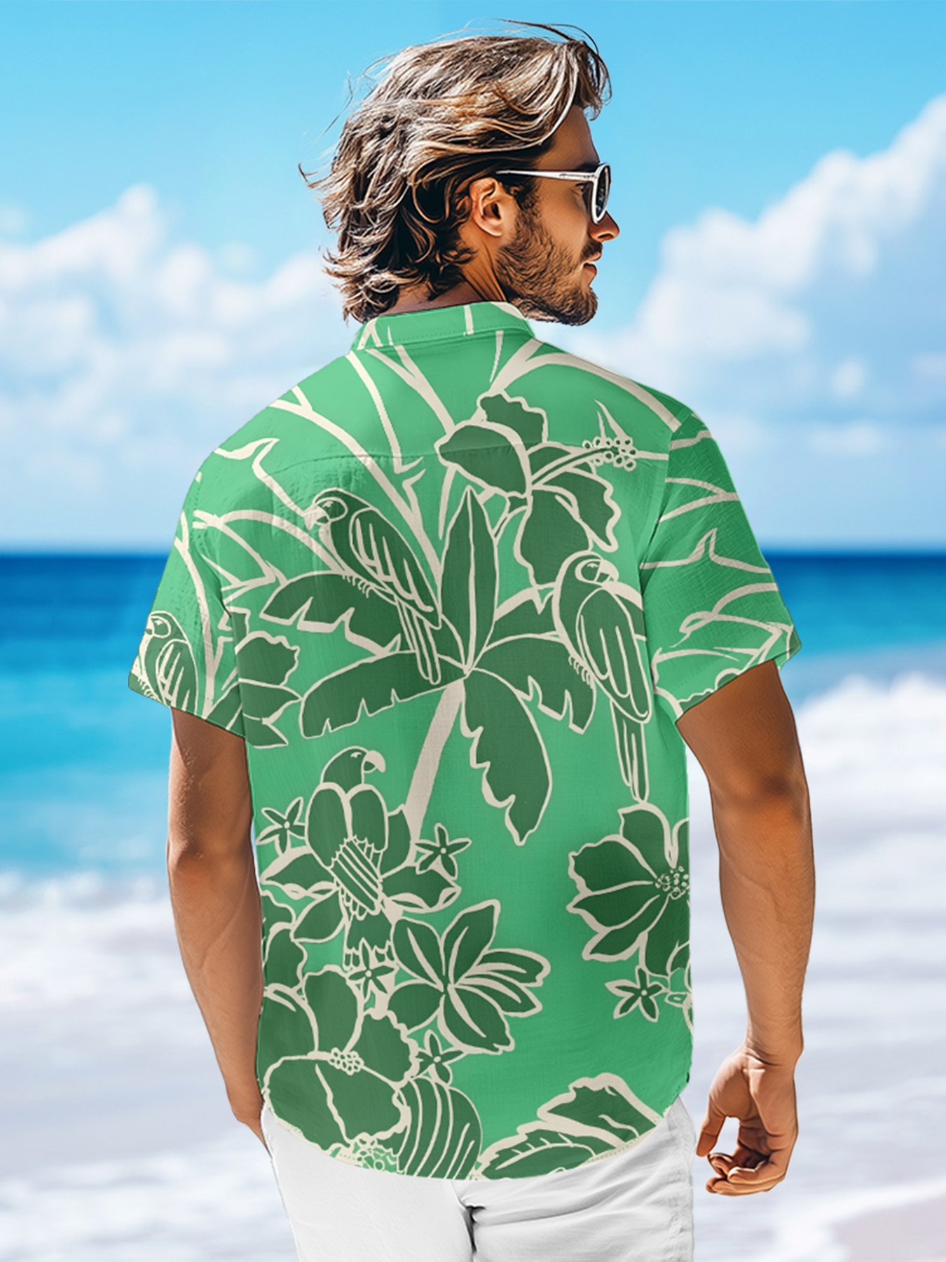 Moisture-wicking Parrots Palm Tree Chest Pocket Hawaiian Shirt