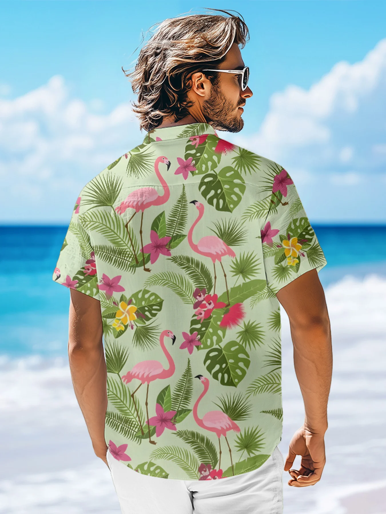 Moisture-wicking Palm Tree Flamingo Chest Pocket Hawaiian Shirt
