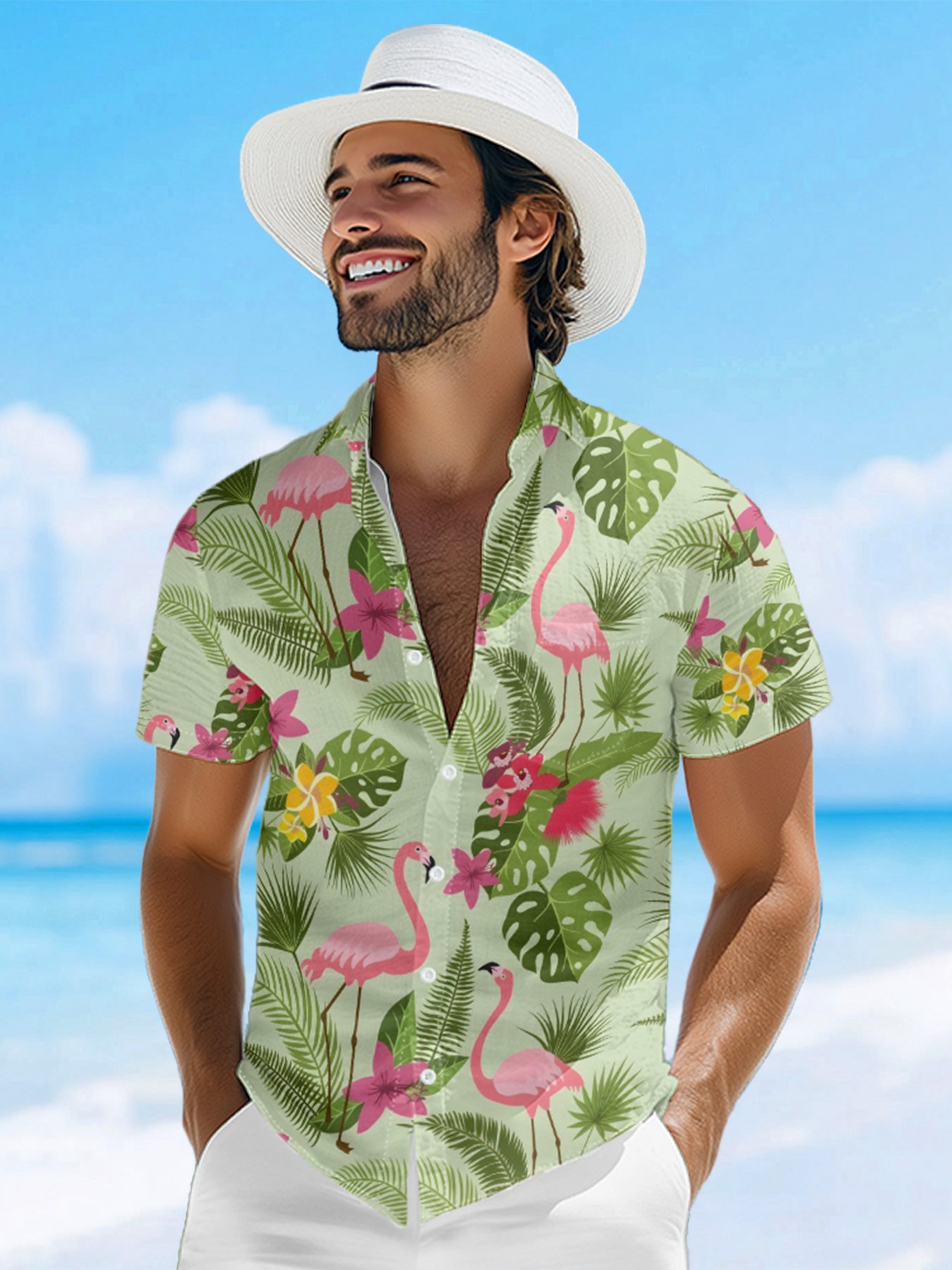 Moisture-wicking Palm Tree Flamingo Chest Pocket Hawaiian Shirt