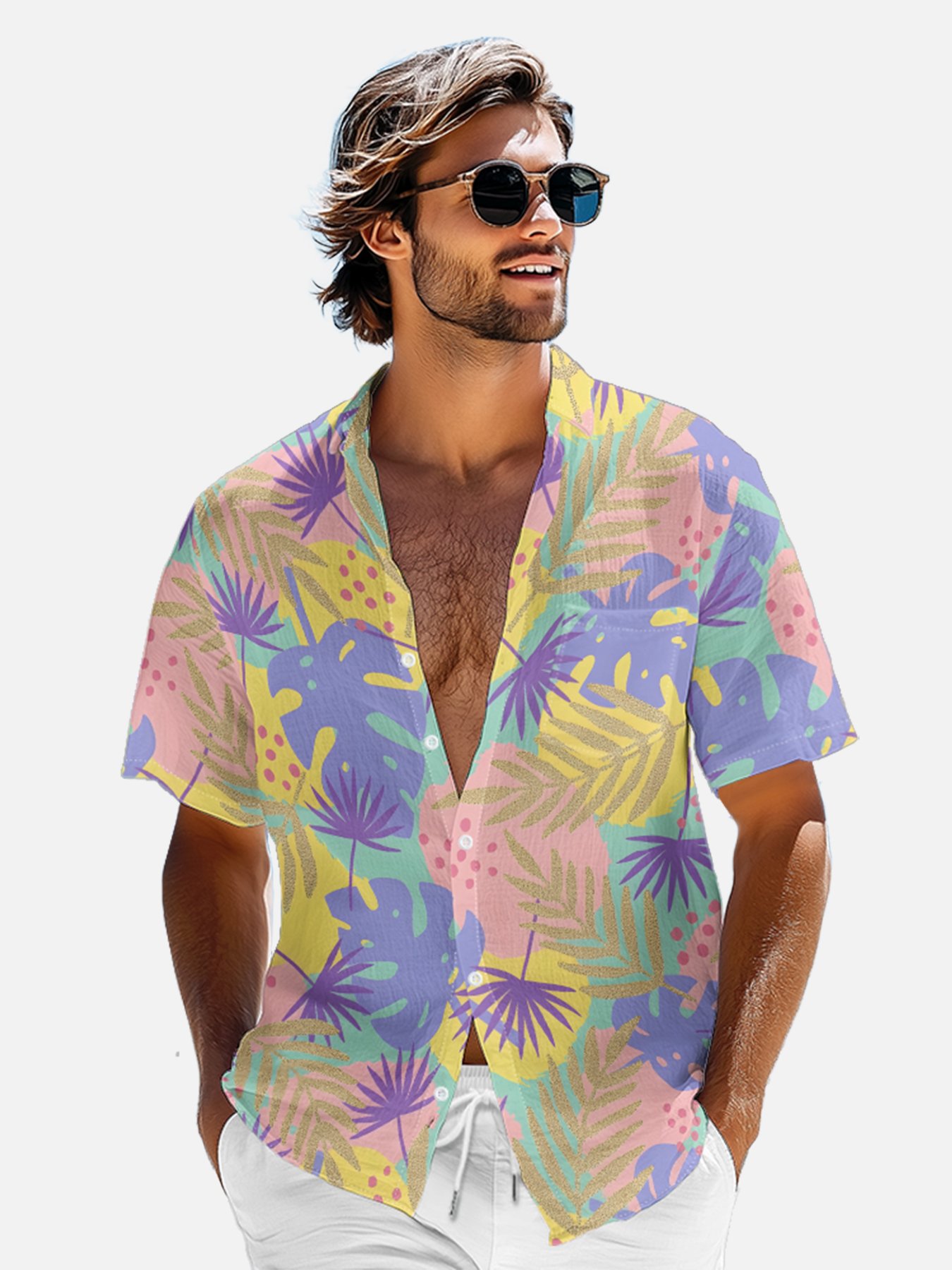 Moisture-wicking Palm Tree Chest Pocket Hawaiian Shirt