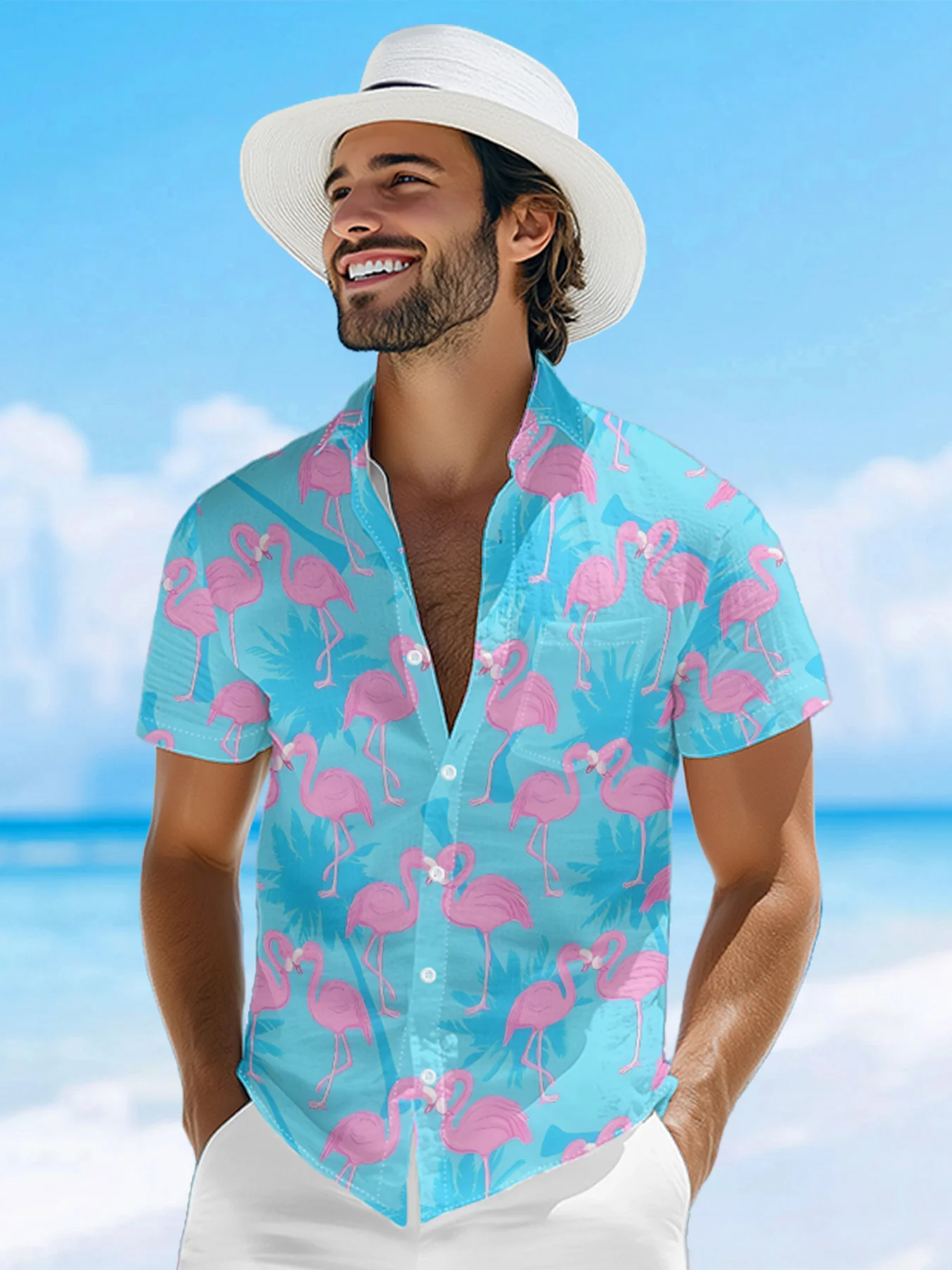 Moisture-wicking Tropical Palm Tree Flamingo Chest Pocket Hawaiian Shirt