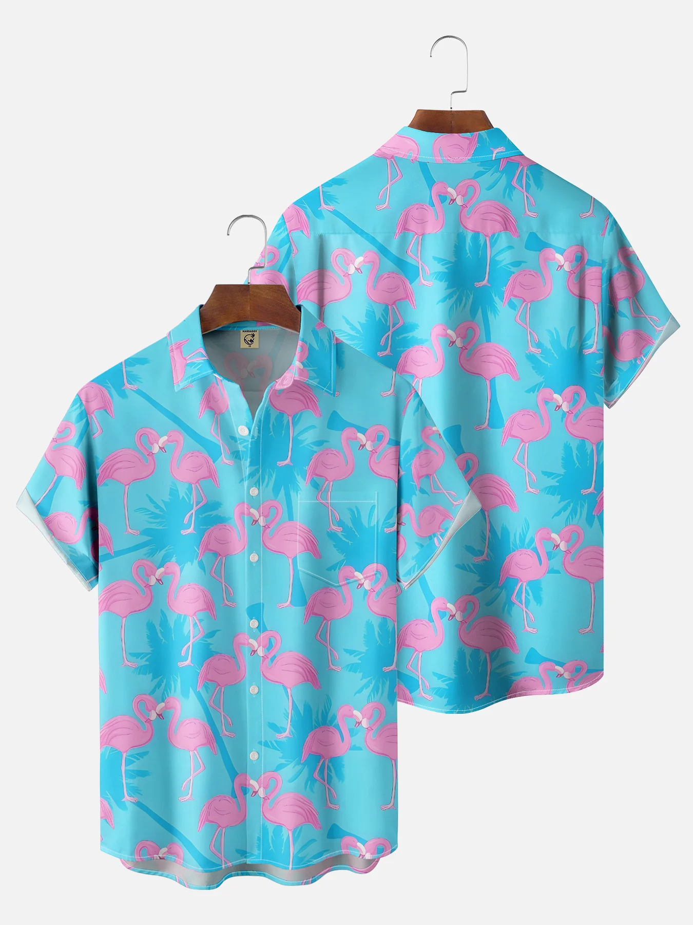 Moisture-wicking Tropical Palm Tree Flamingo Chest Pocket Hawaiian Shirt