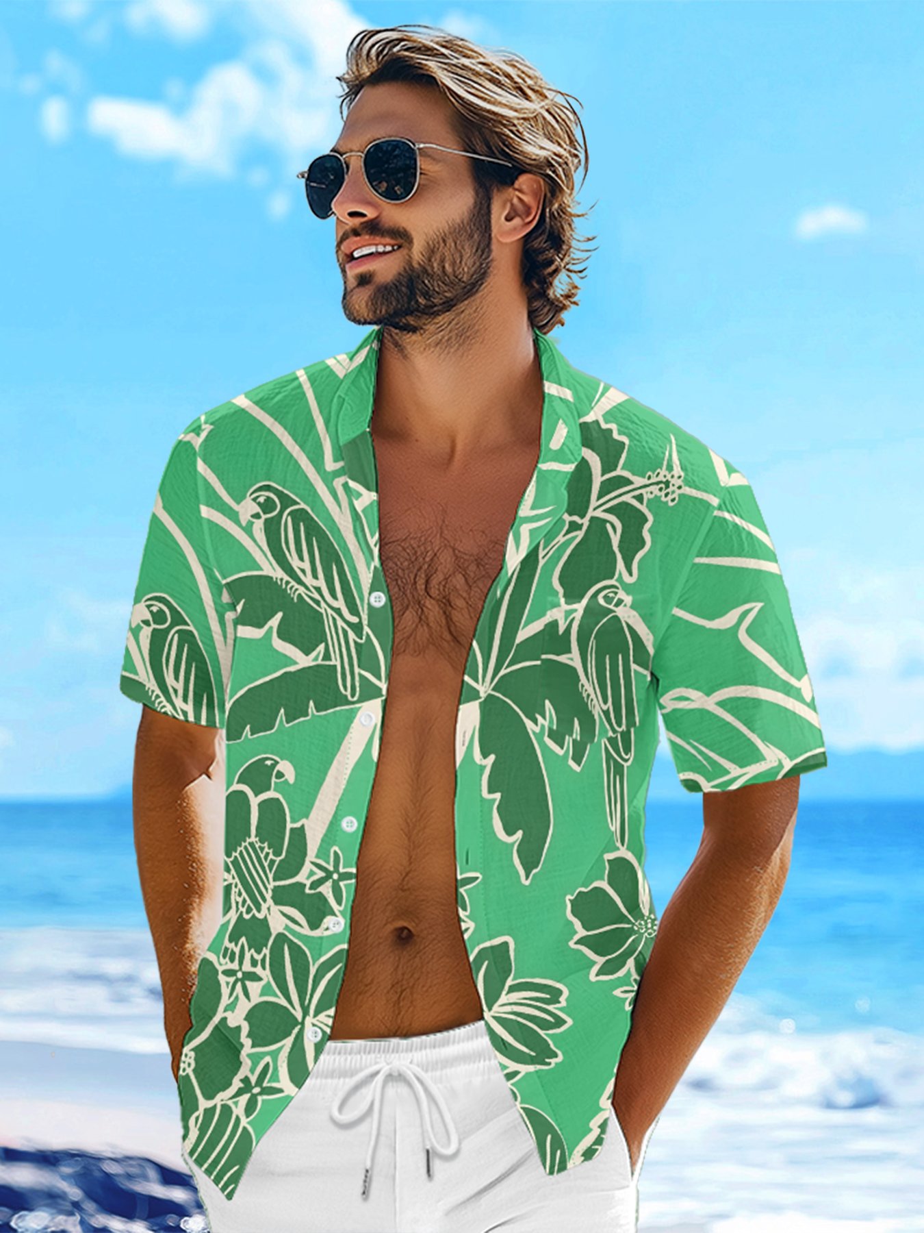 Moisture-wicking Parrots Palm Tree Chest Pocket Hawaiian Shirt
