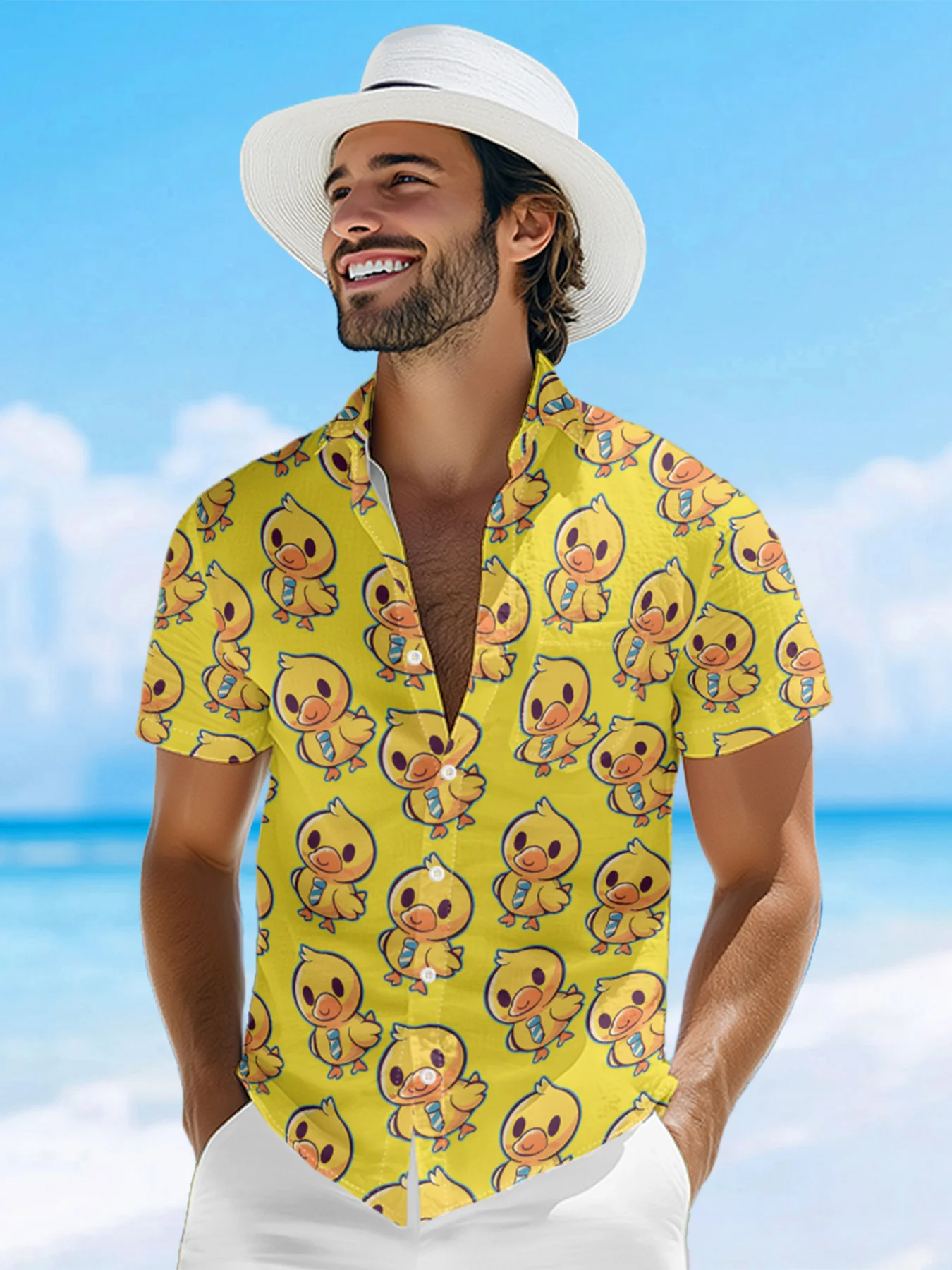 Hardaddy X Techranova Moisture-wicking Yellow Duck Chest Pocket Hawaiian Shirt