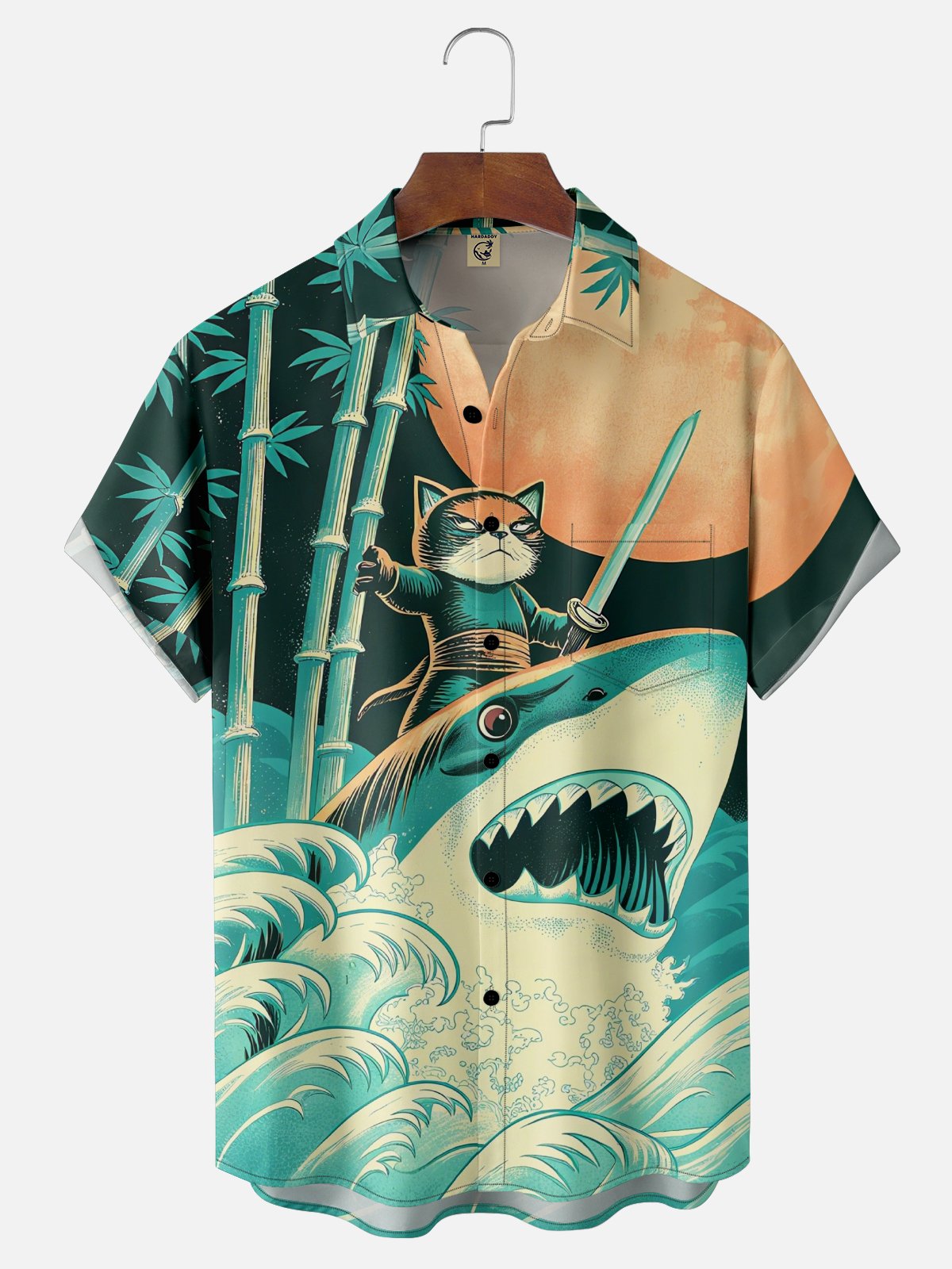 Moisture-Wicking Ukiyo-e Shark Cat Chest Pocket Hawaiian Shirt