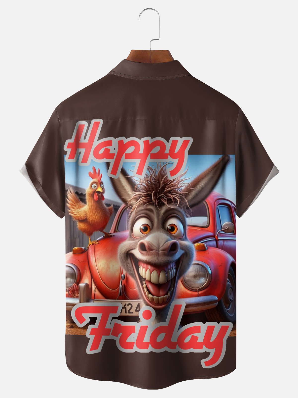 Moisture-Wicking Happy Friday Donkey And Chicken Chest Pocket Hawaiian Shirt