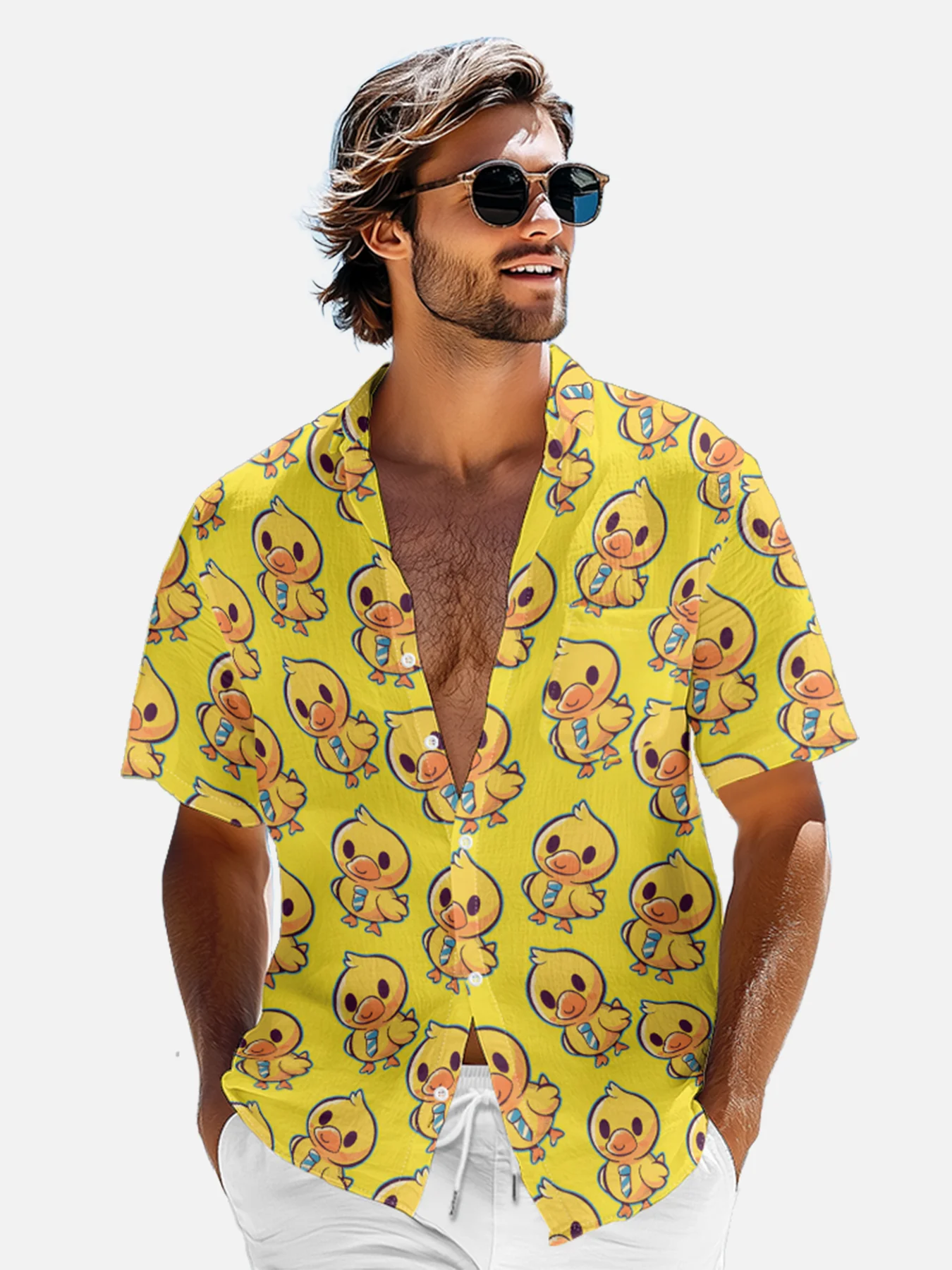 Hardaddy X Techranova Moisture-wicking Yellow Duck Chest Pocket Hawaiian Shirt