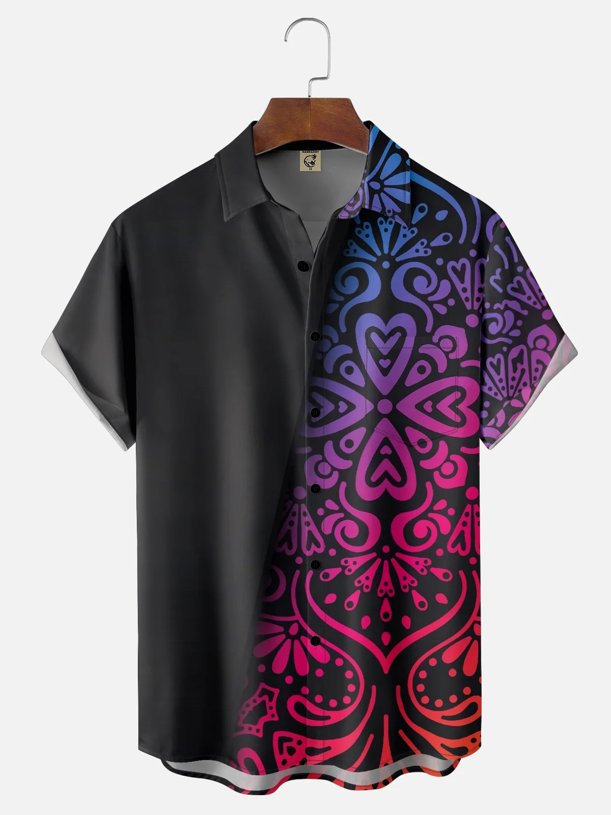 Moisture Wicking Geometric Gradient Floral Art Chest Pocket Hawaiian Shirt