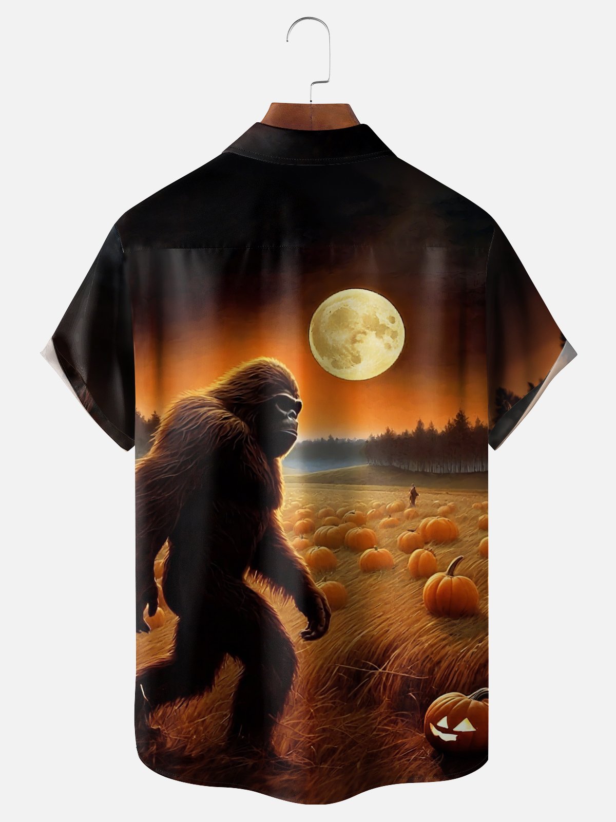 Moisture-Wicking Halloween Pumpkin Bigfoot Chest Pocket Hawaiian Shirt