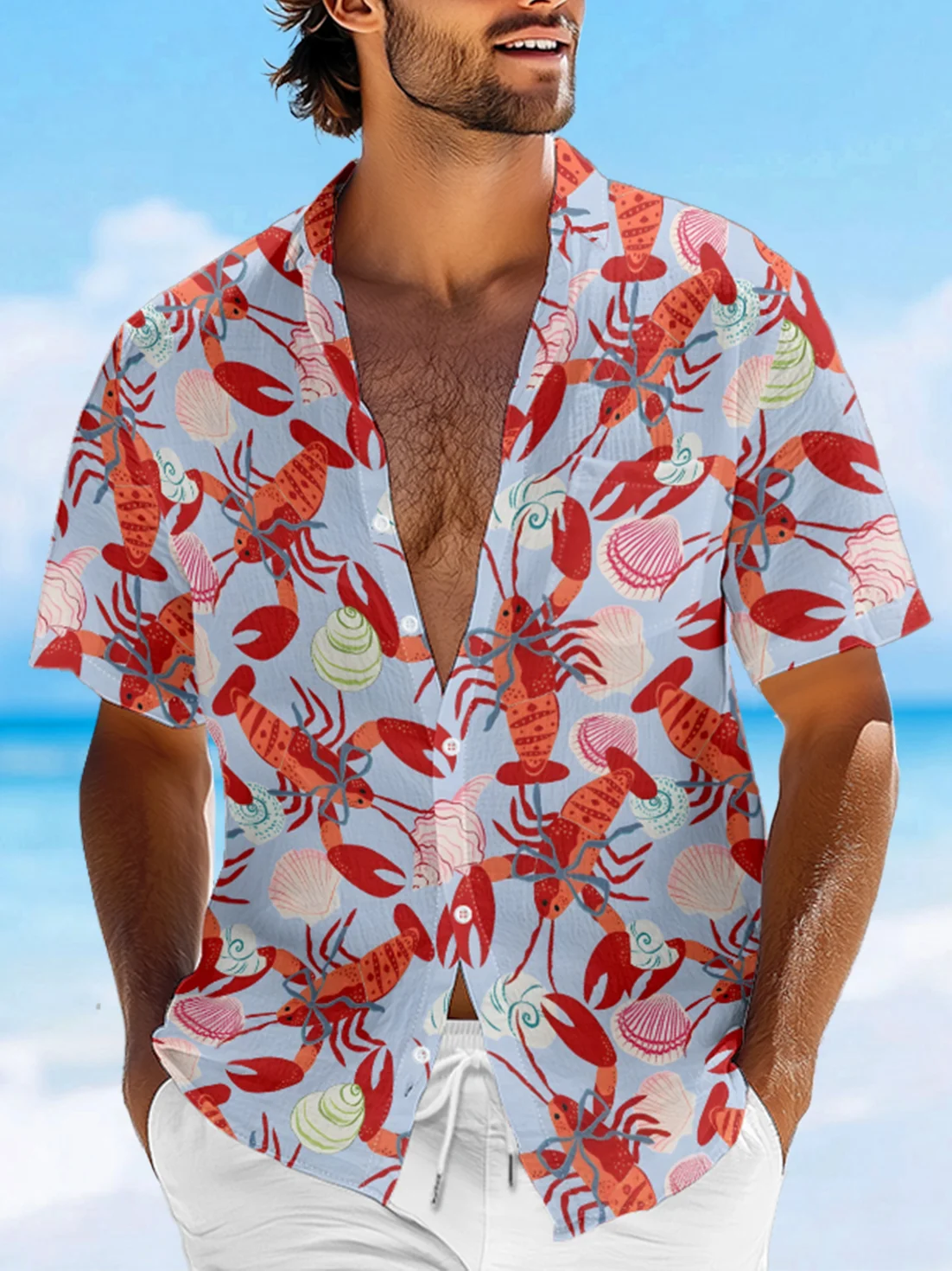 Moisture-wicking Lobster Festival Chest Pocket Hawaiian Shirt