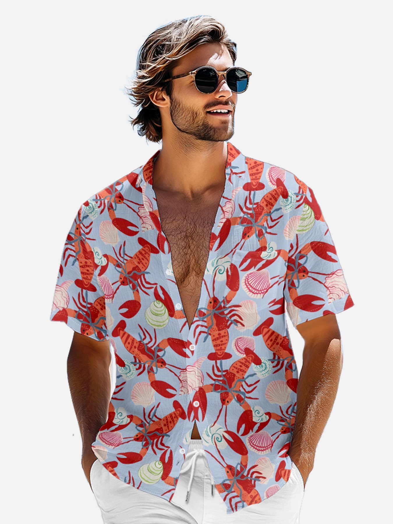 Moisture-wicking Lobster Festival Chest Pocket Hawaiian Shirt