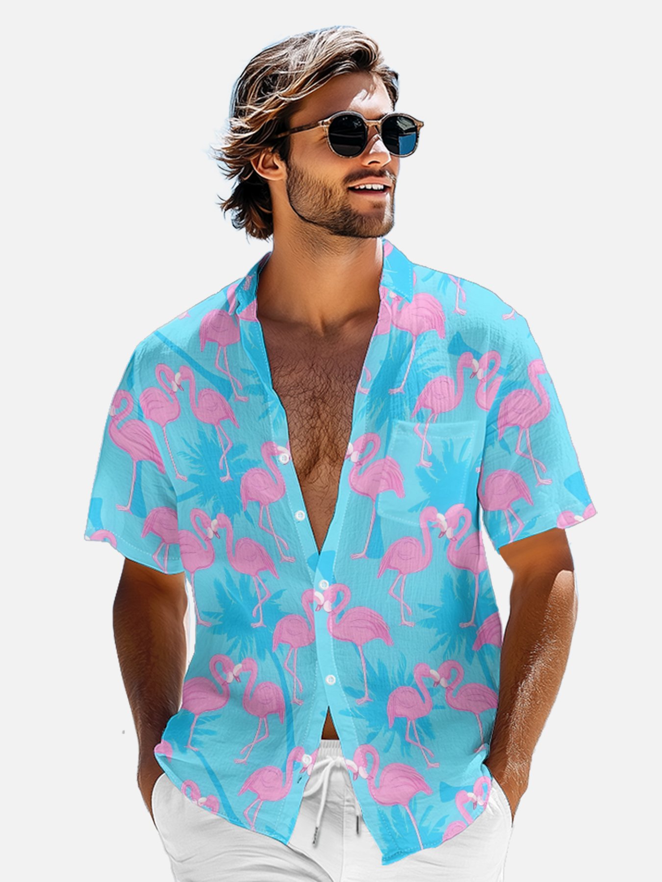 Moisture-wicking Tropical Palm Tree Flamingo Chest Pocket Hawaiian Shirt