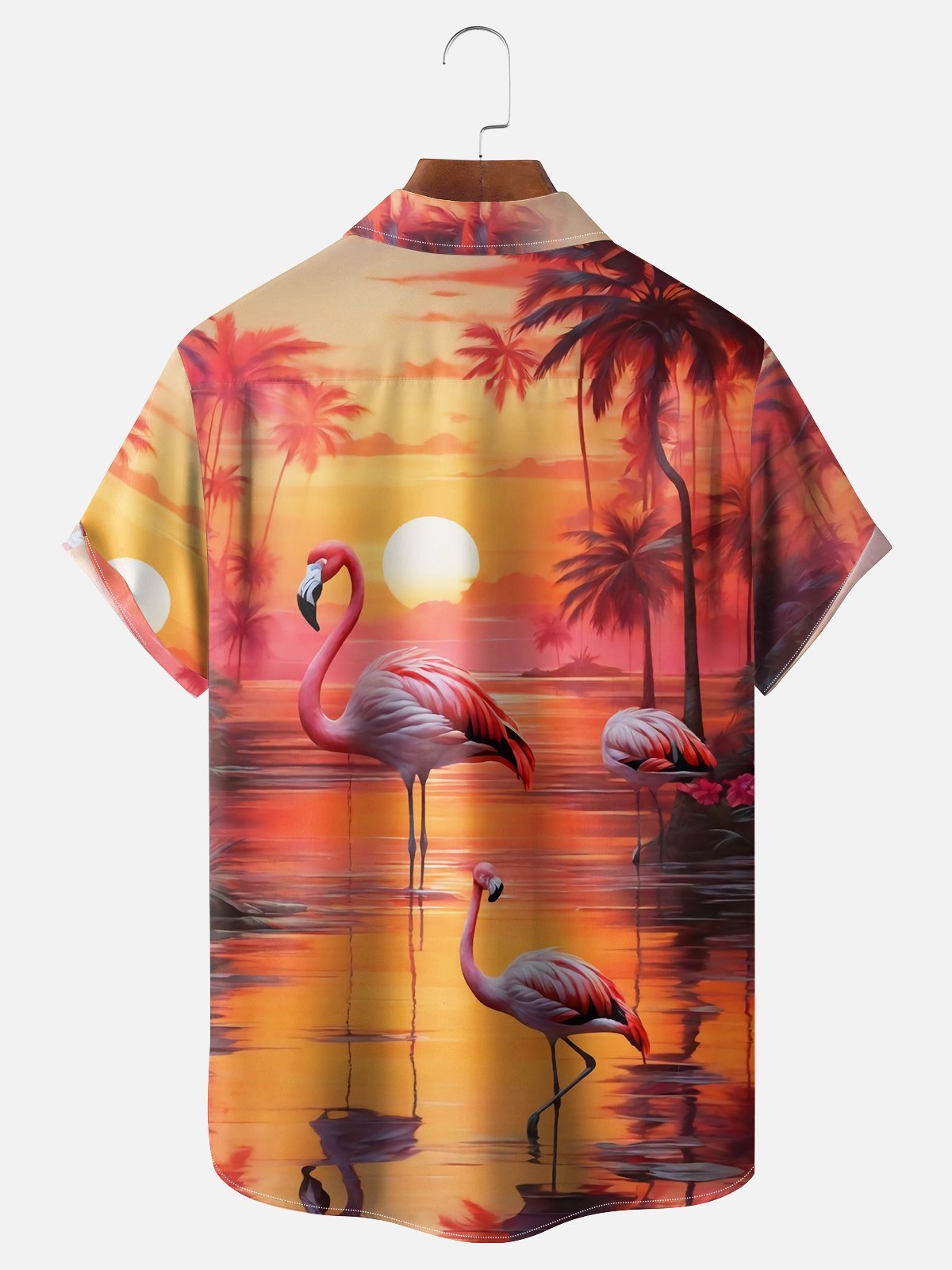 Tall Size Moisture-wicking Palm Tree Flamingo Chest Pocket Hawaiian Shirt