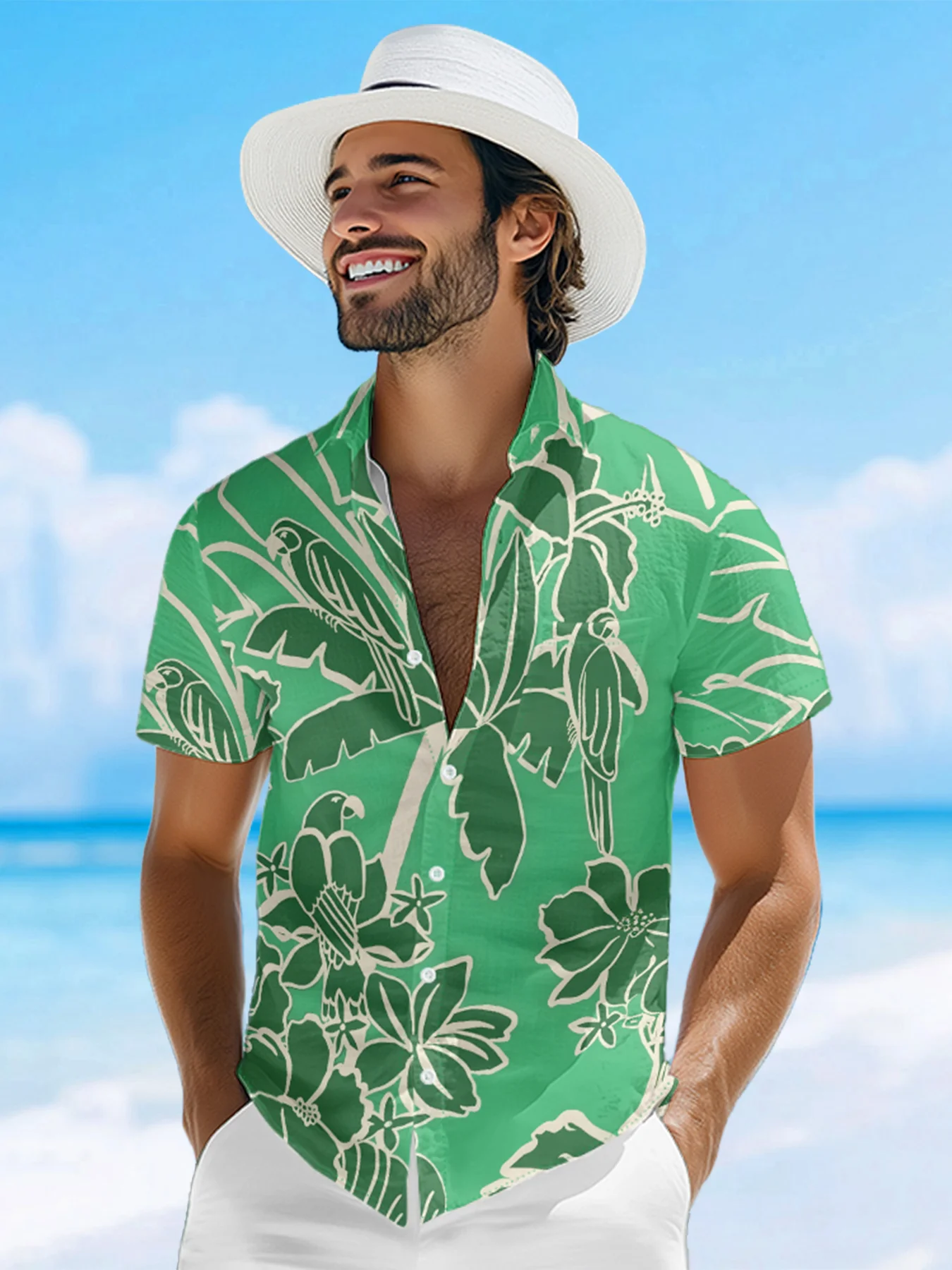 Moisture-wicking Parrots Palm Tree Chest Pocket Hawaiian Shirt