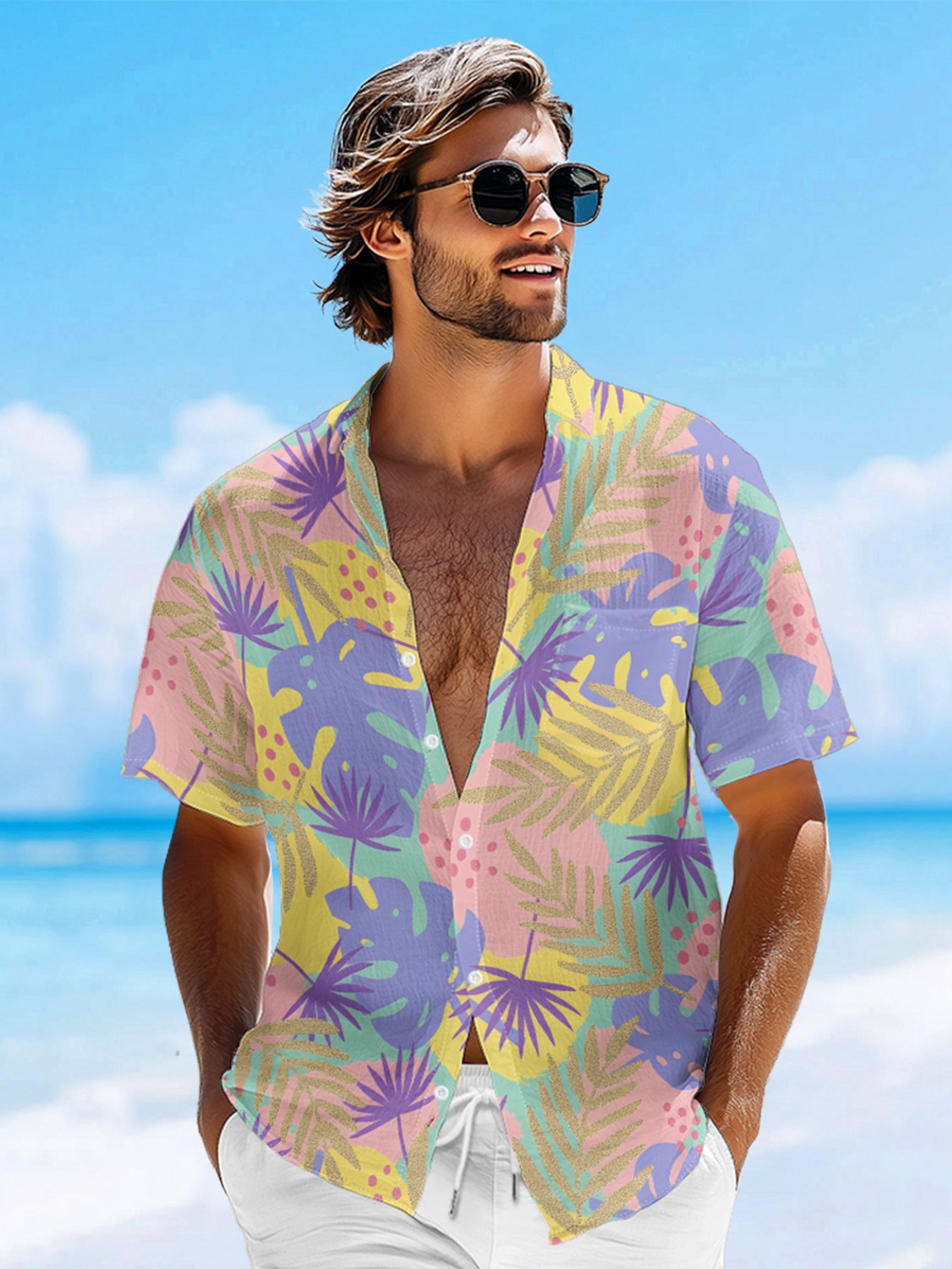 Moisture-wicking Palm Tree Chest Pocket Hawaiian Shirt