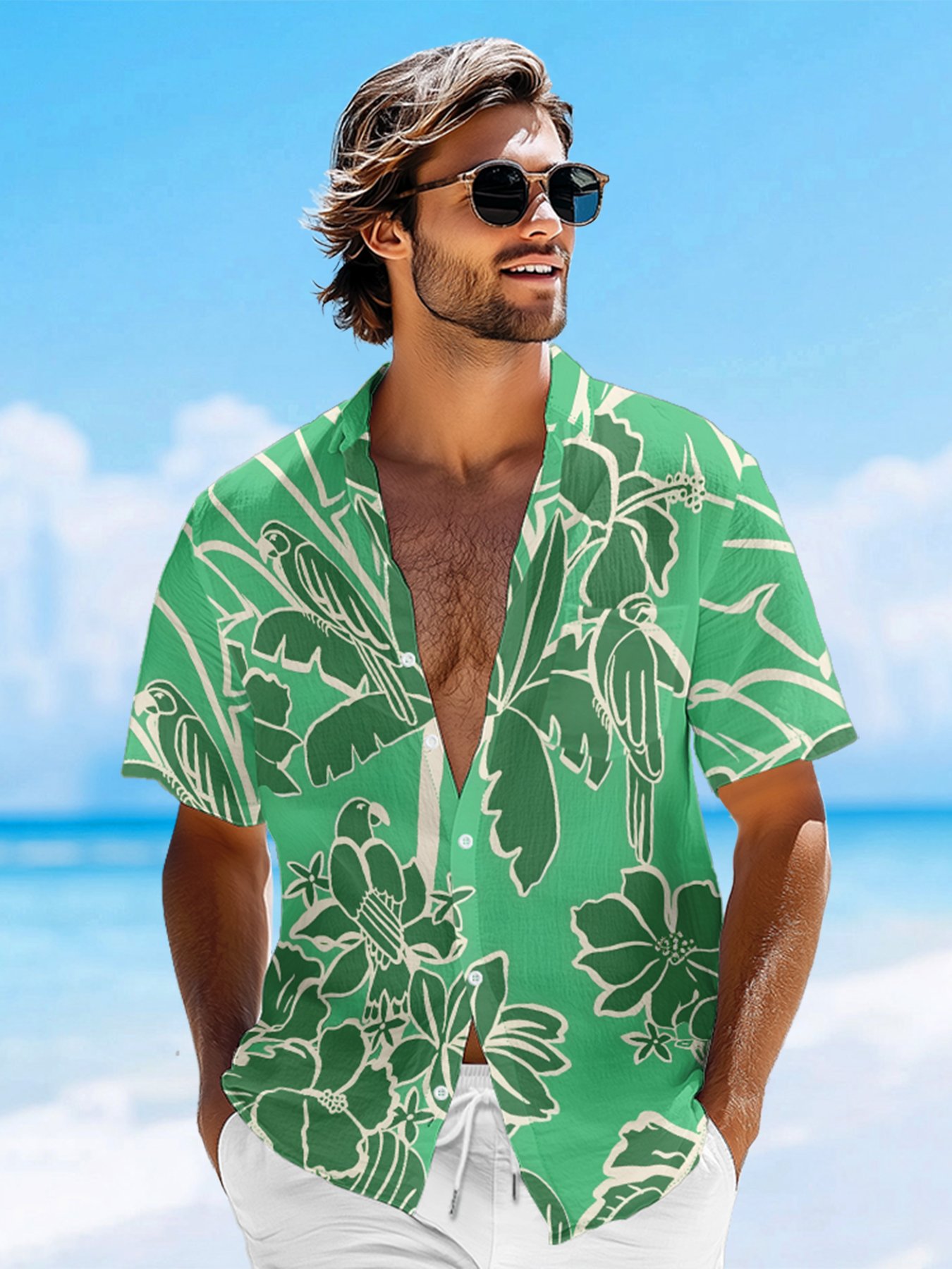 Moisture-wicking Parrots Palm Tree Chest Pocket Hawaiian Shirt