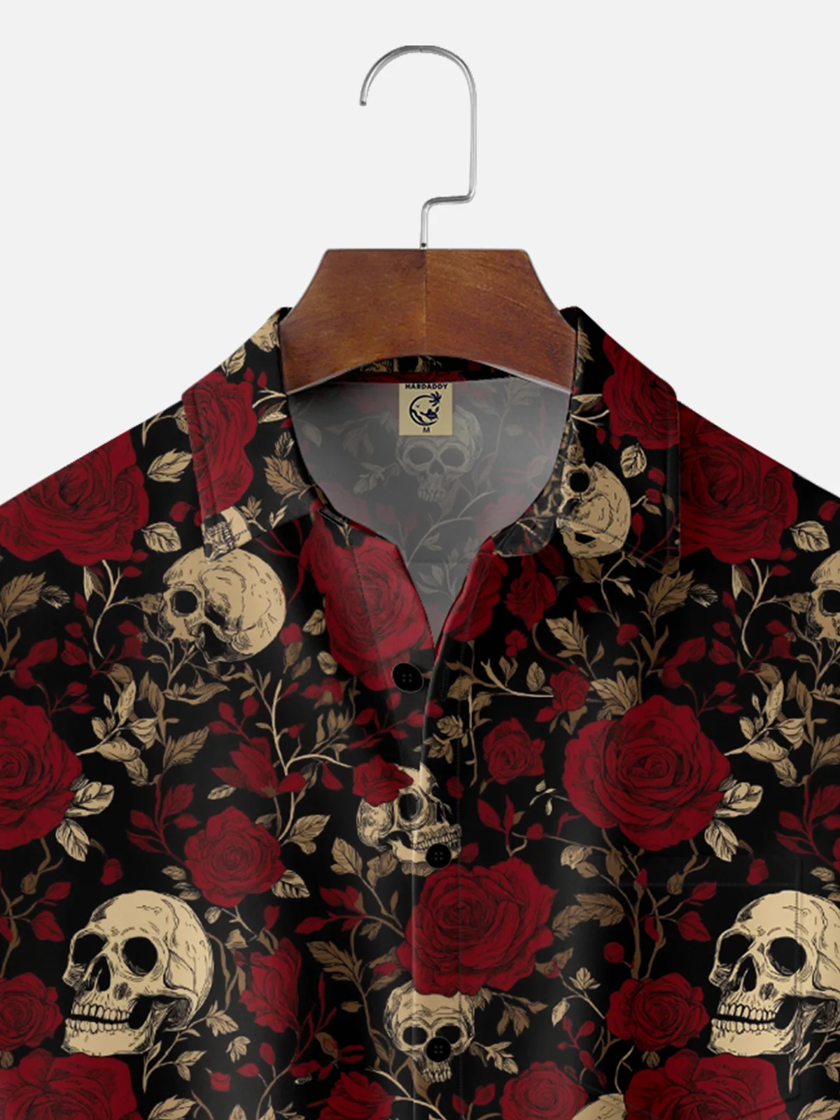 Moisture Wicking Rock Skull Rose Chest Pocket Hawaiian Shirt