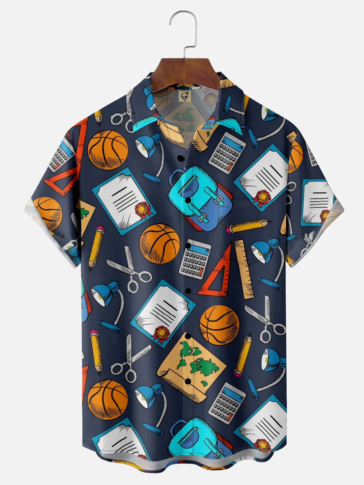 Moisture-wicking Back to School Schoolbag Calculator Triangle Ruler Scissors Basketball Chest Pocket Casual Shirt