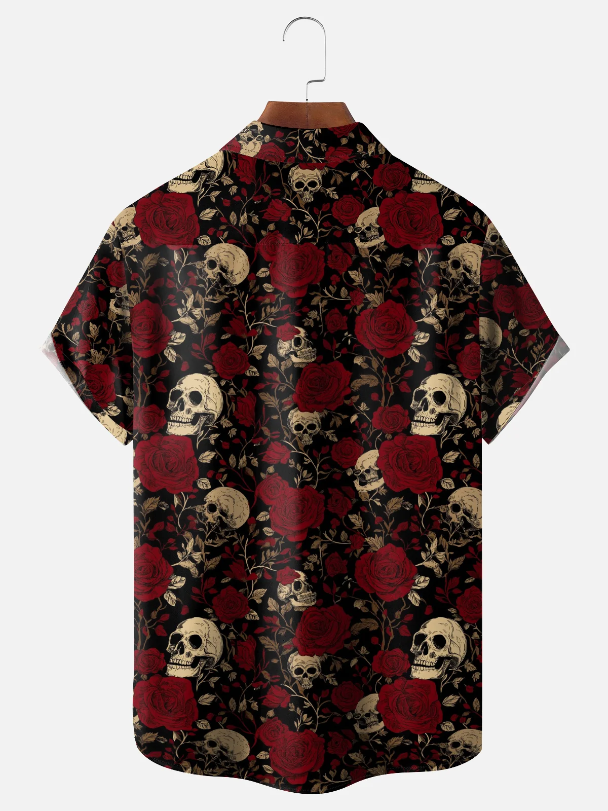 Moisture Wicking Rock Skull Rose Chest Pocket Hawaiian Shirt
