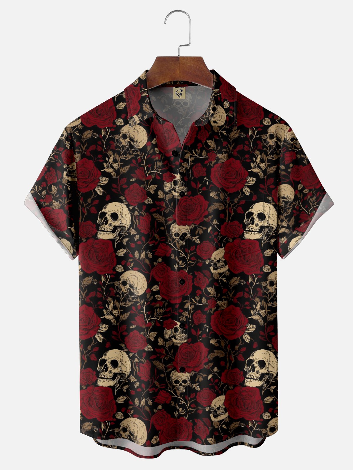 Moisture Wicking Rock Skull Rose Chest Pocket Hawaiian Shirt