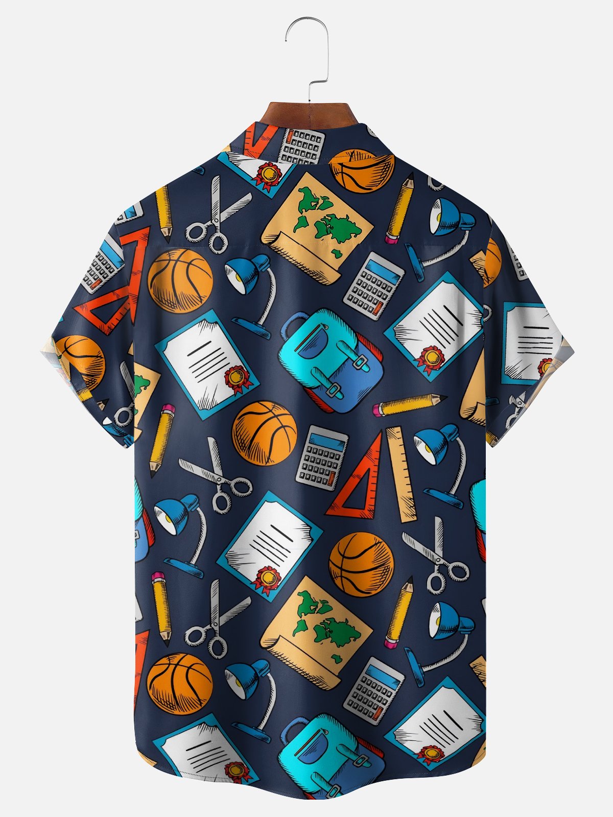 Moisture-wicking Back to School Schoolbag Calculator Triangle Ruler Scissors Basketball Chest Pocket Casual Shirt