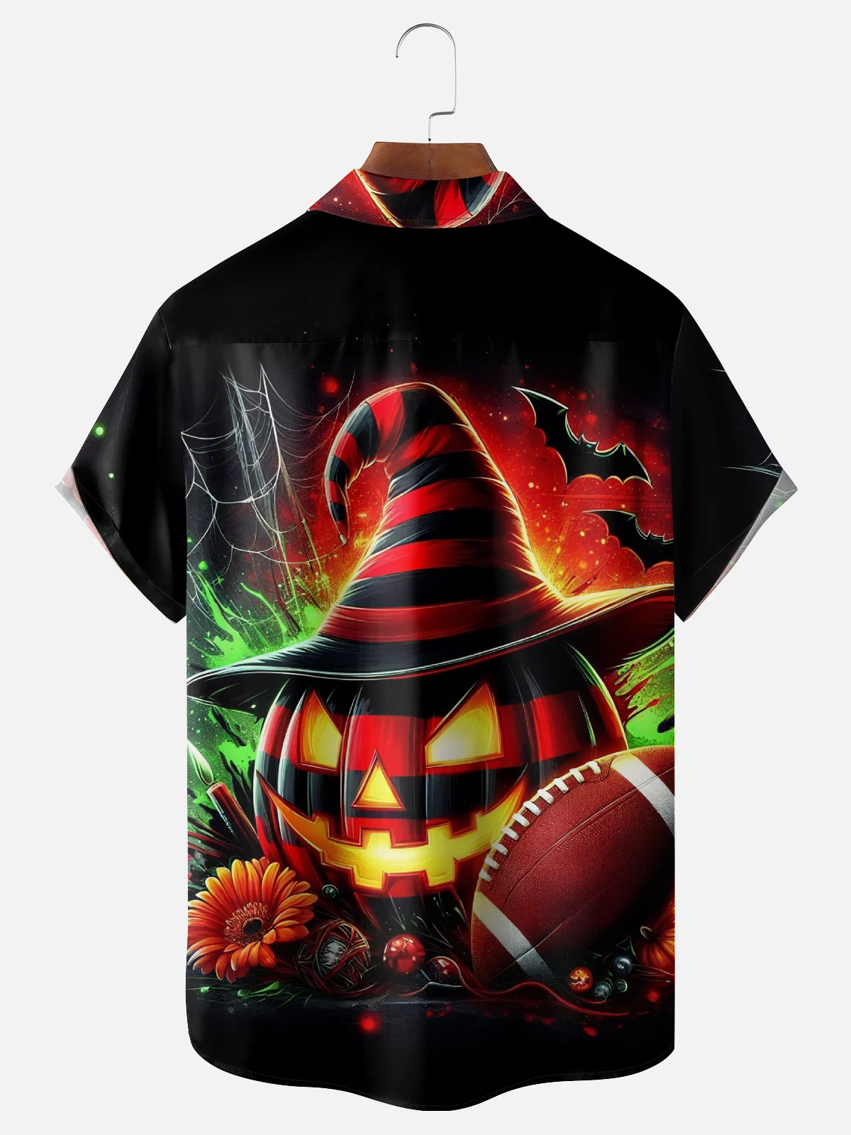 Moisture Wicking Halloween Pumpkin Bat Football Chest Pocket Hawaiian Shirt