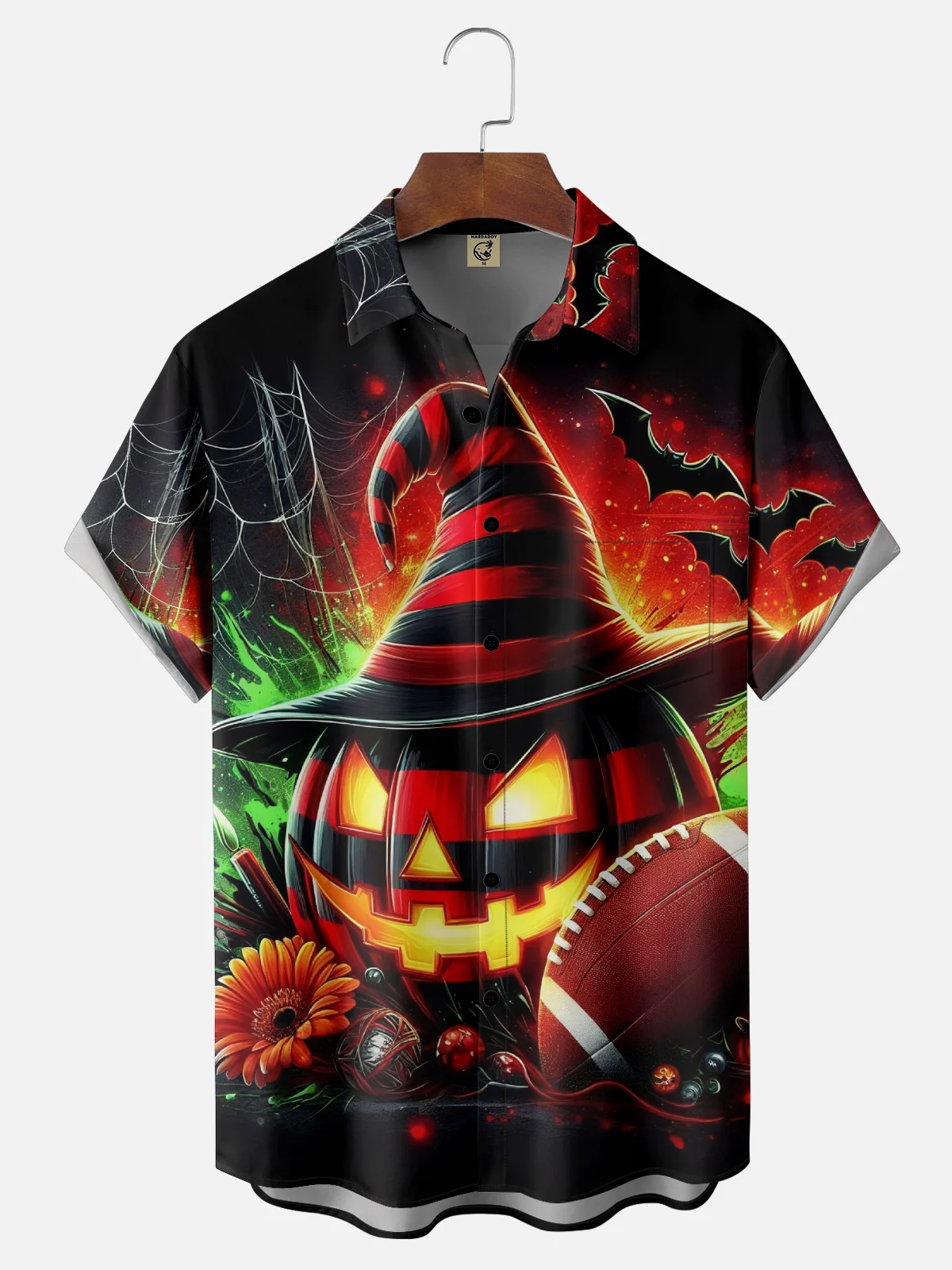 Moisture Wicking Halloween Pumpkin Bat Football Chest Pocket Hawaiian Shirt