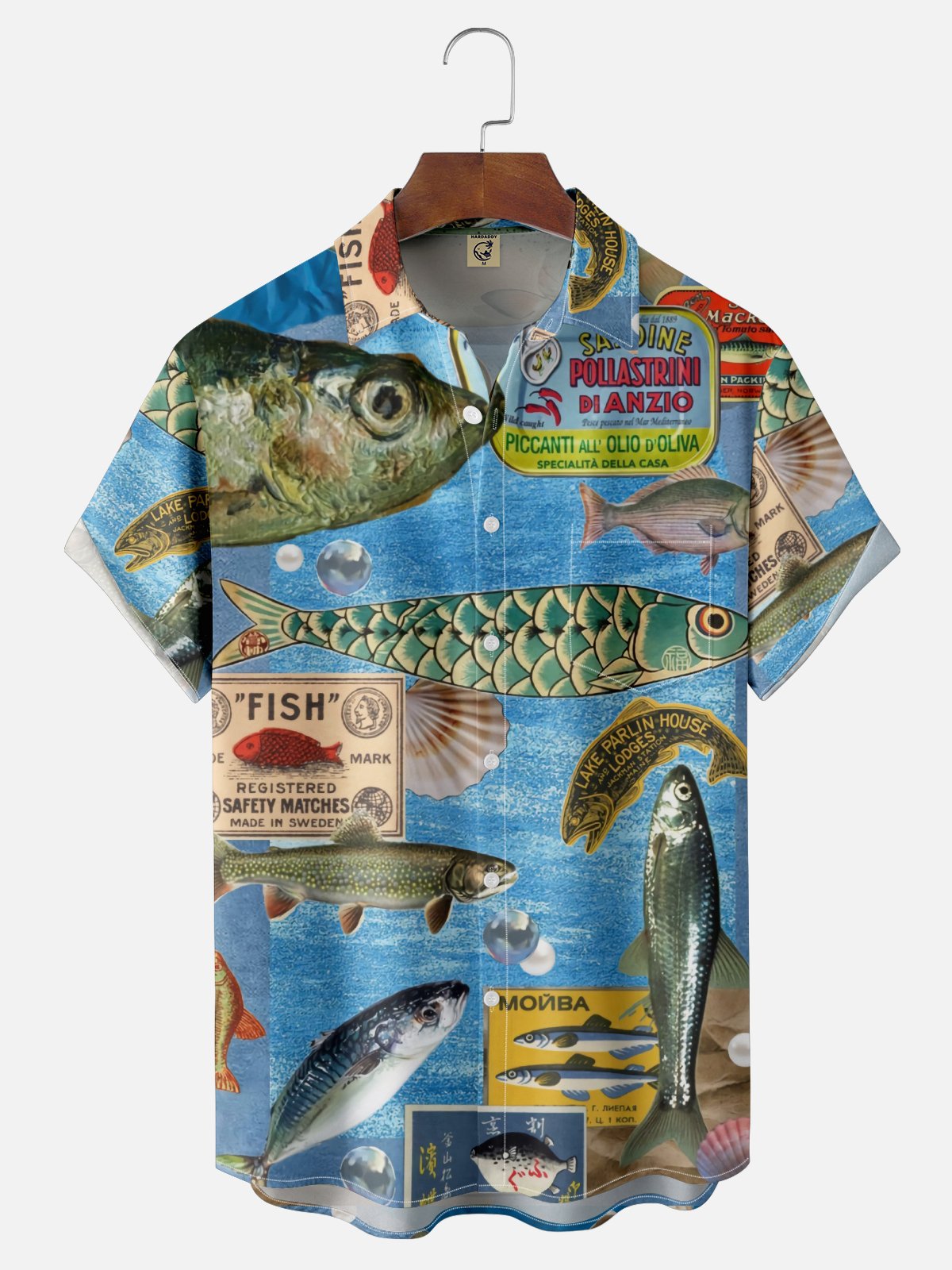 Moisture-wicking Sardine Fish Chest Pocket Hawaiian Shirt