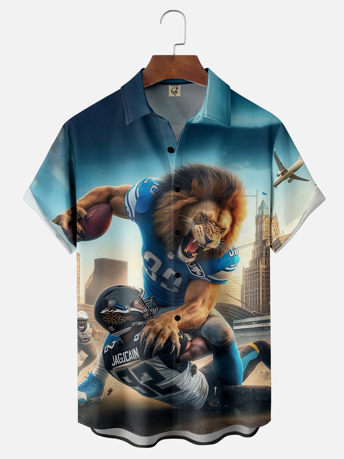Tall Size Moisture-wicking Detroit Football Art Lion Chest Pocket Casual Shirt