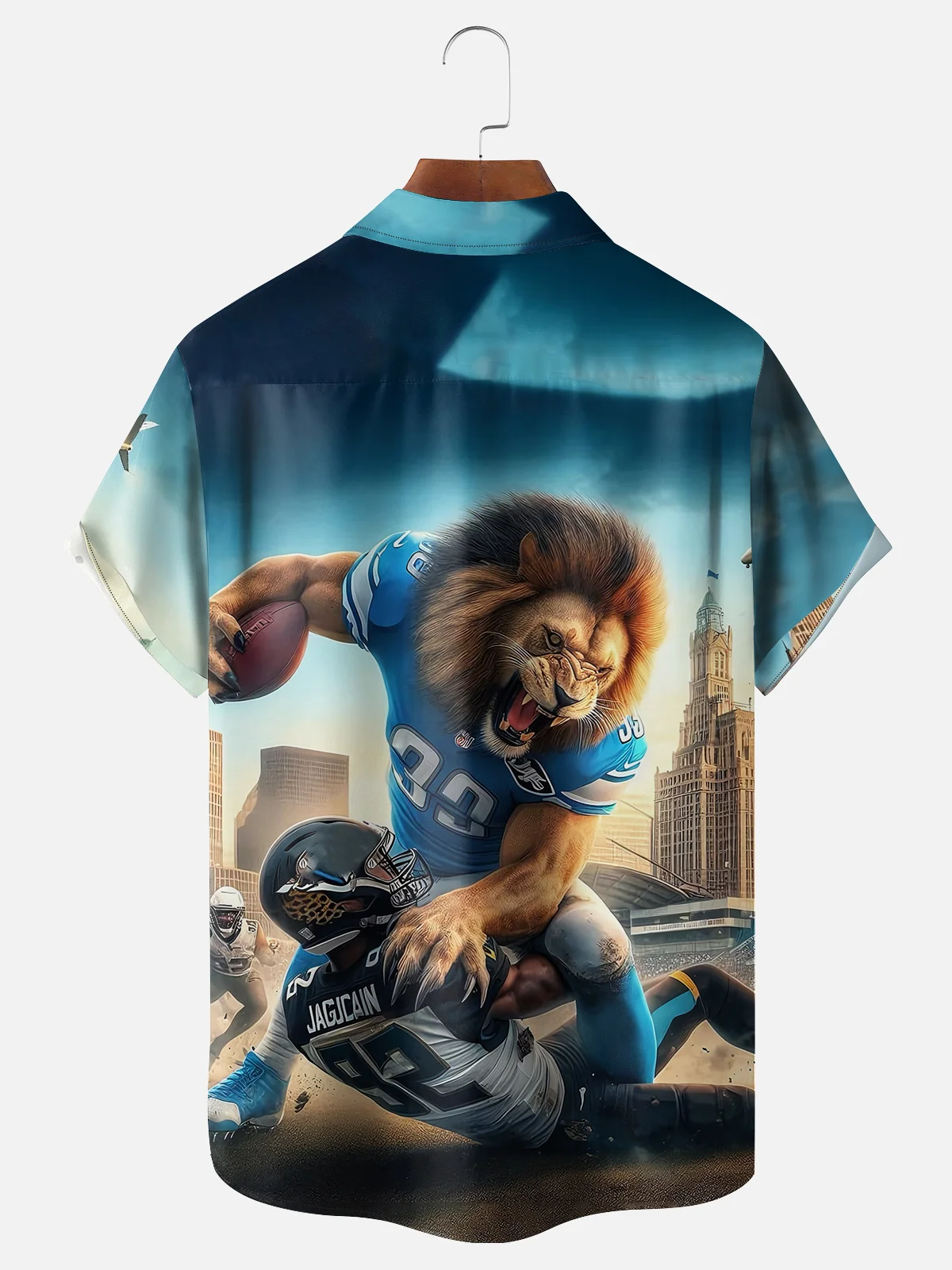 Tall Size Moisture-wicking Detroit Football Art Lion Chest Pocket Casual Shirt