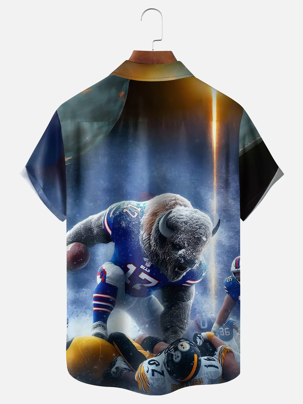 Tall Size Moisture-wicking American Football New York State Bull Art Chest Pocket Hawaiian Shirt
