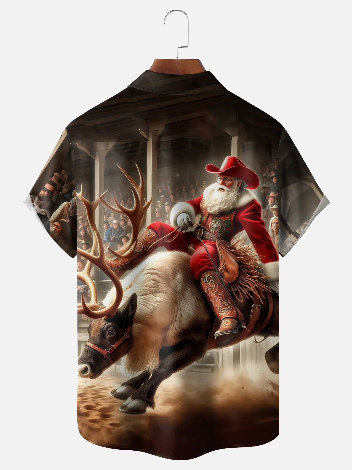 Moisture-wicking Christmas Santa Claus Riding Reindeer Chest Pocket Casual Shirt