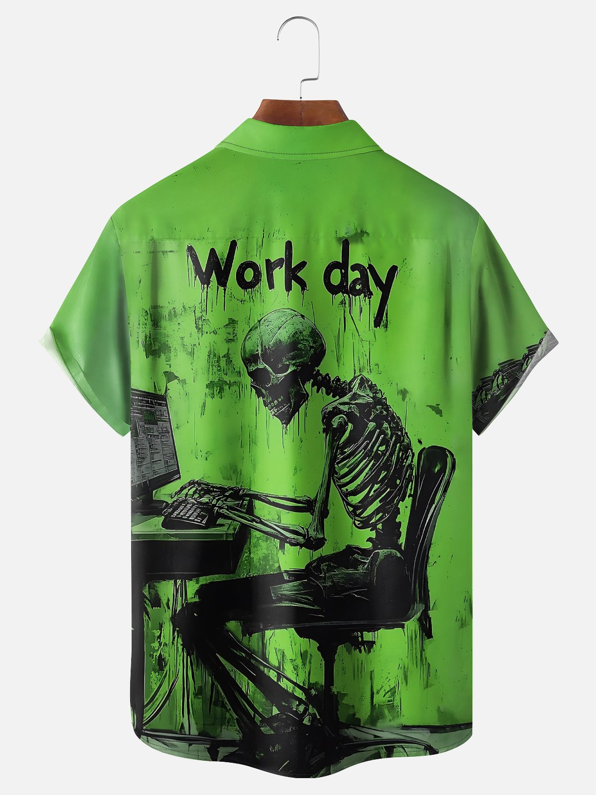 Moisture-wicking "Love Work Day" Skull Slogan Chest Pocket Casual Shirt