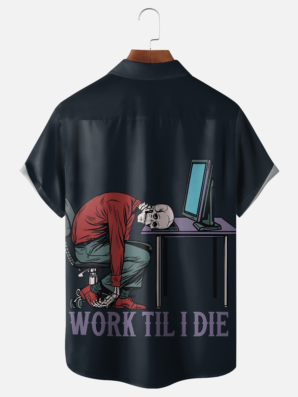 Moisture-wicking Fun "Work" Skull Slogan Chest Pocket Casual Shirt