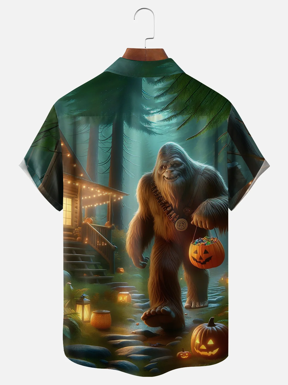 Moisture-wicking Halloween Bigfoot Pumpkin Chest Pocket Casual Shirt