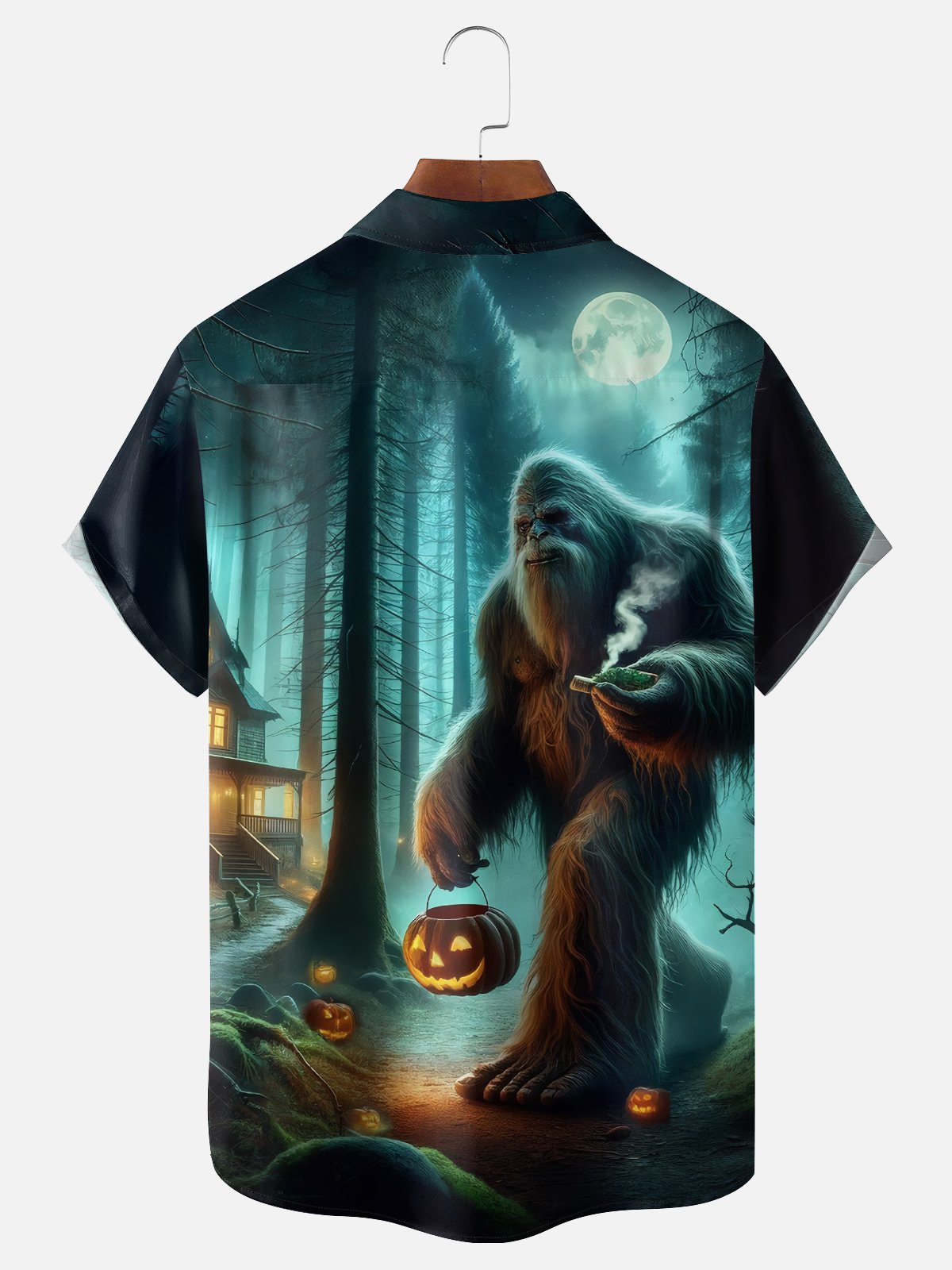 Moisture-wicking Halloween Bigfoot Pumpkin Art Chest Pocket Casual Shirt
