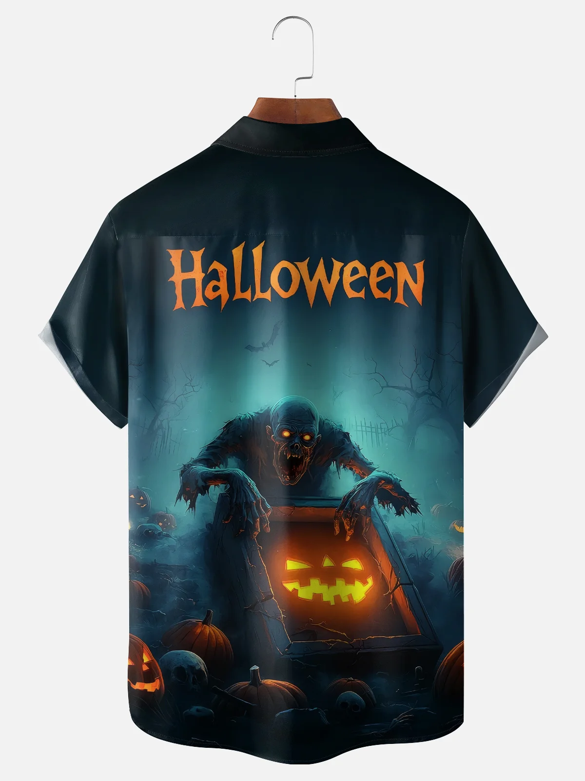 Moisture-wicking Halloween Zombie Pumpkin Art Chest Pocket Casual Shirt
