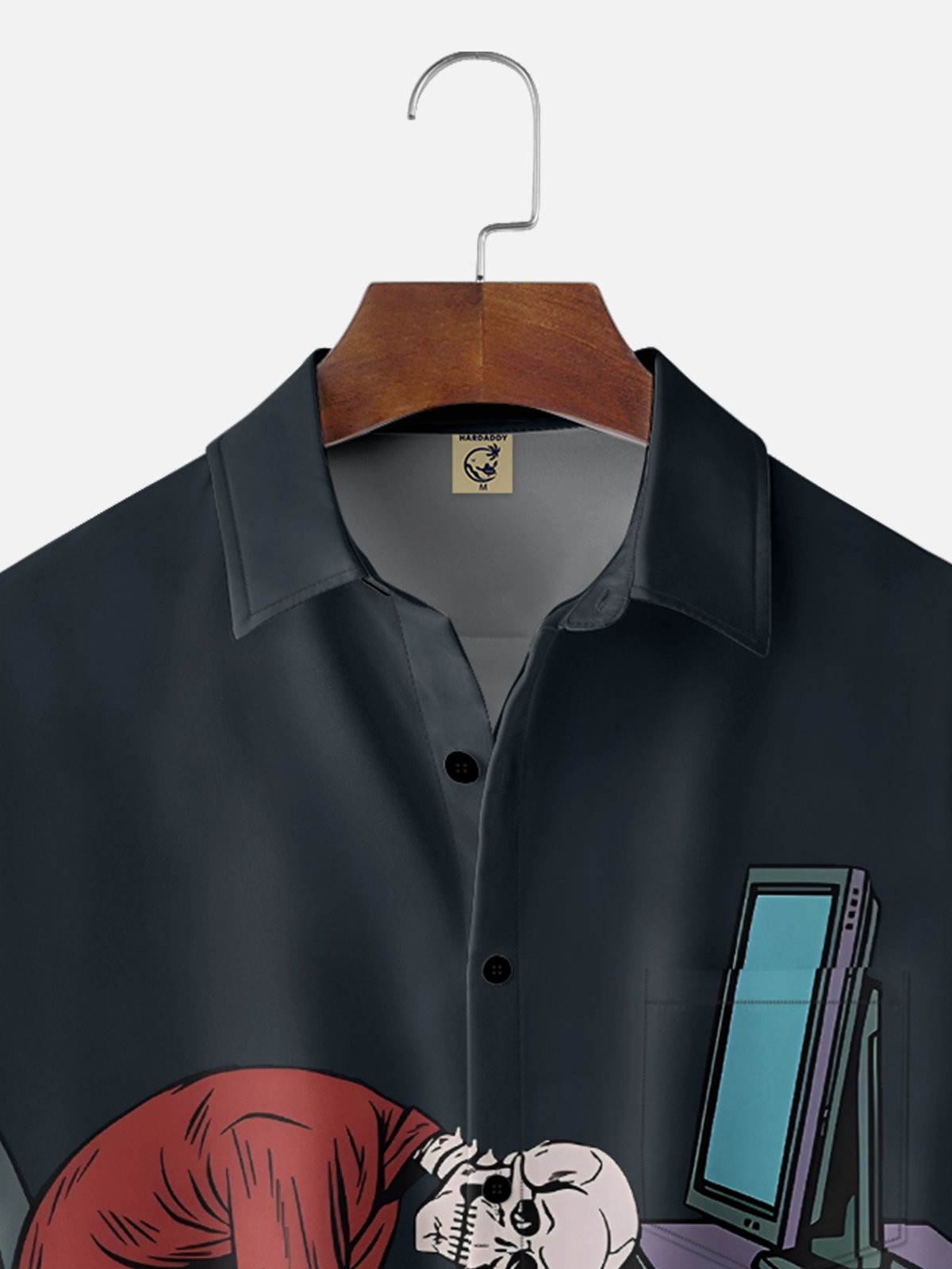 Moisture-wicking Fun "Work" Skull Slogan Chest Pocket Casual Shirt