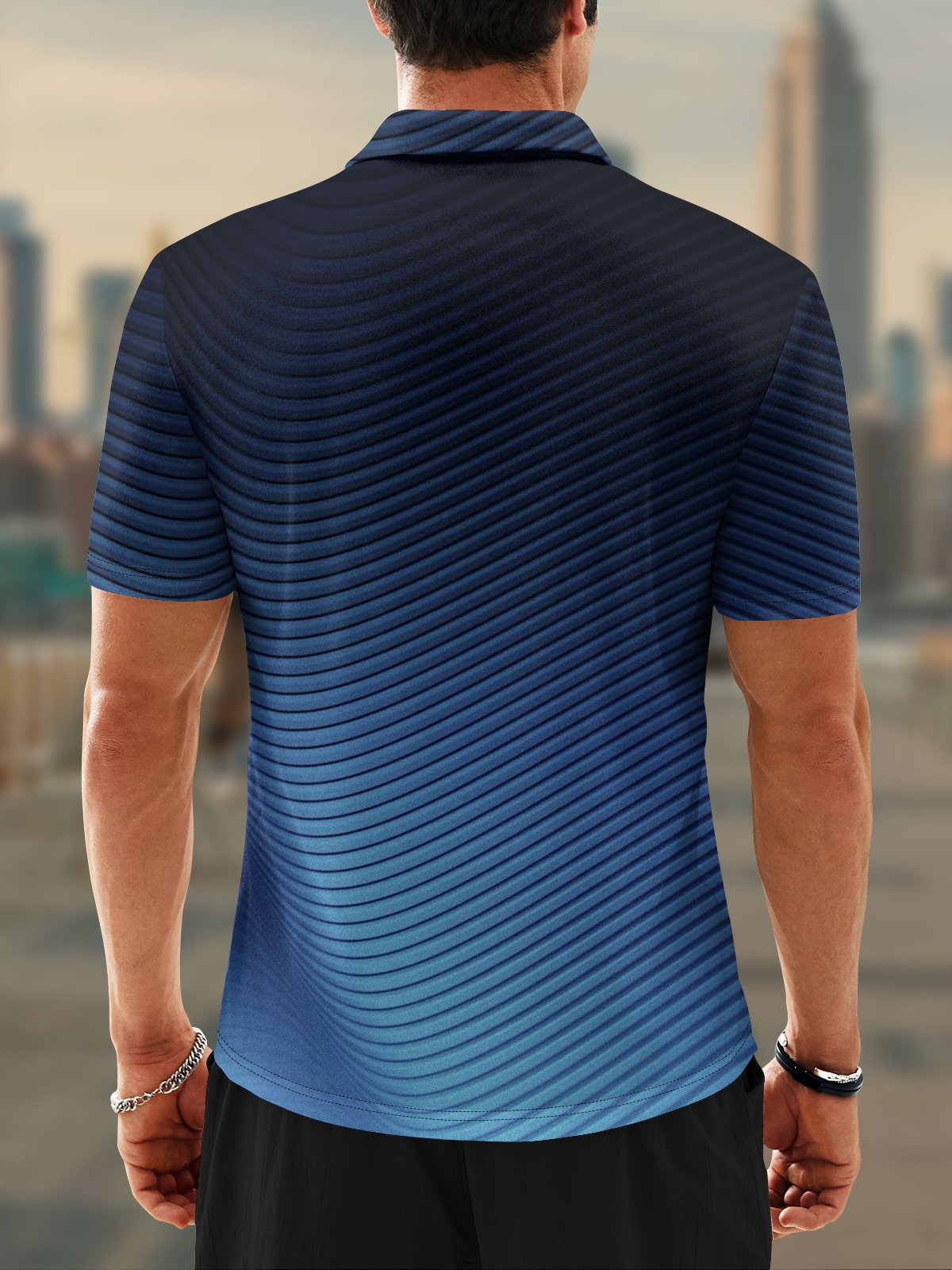 Moisture-Wicking 3D Gradient Abstract Stripe Short Sleeve Golf Polo