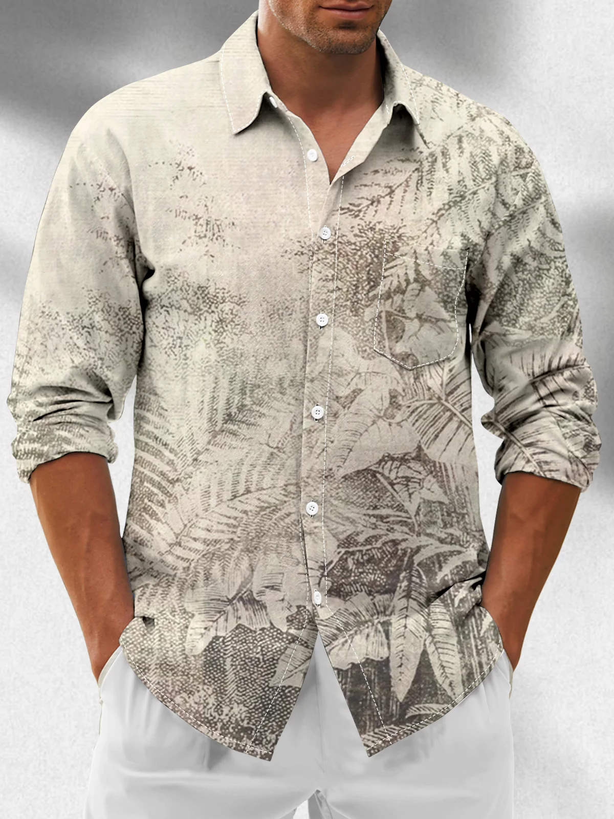 Moisture-Wicking Botanical Chest Pocket Long Sleeve Casual Shirt