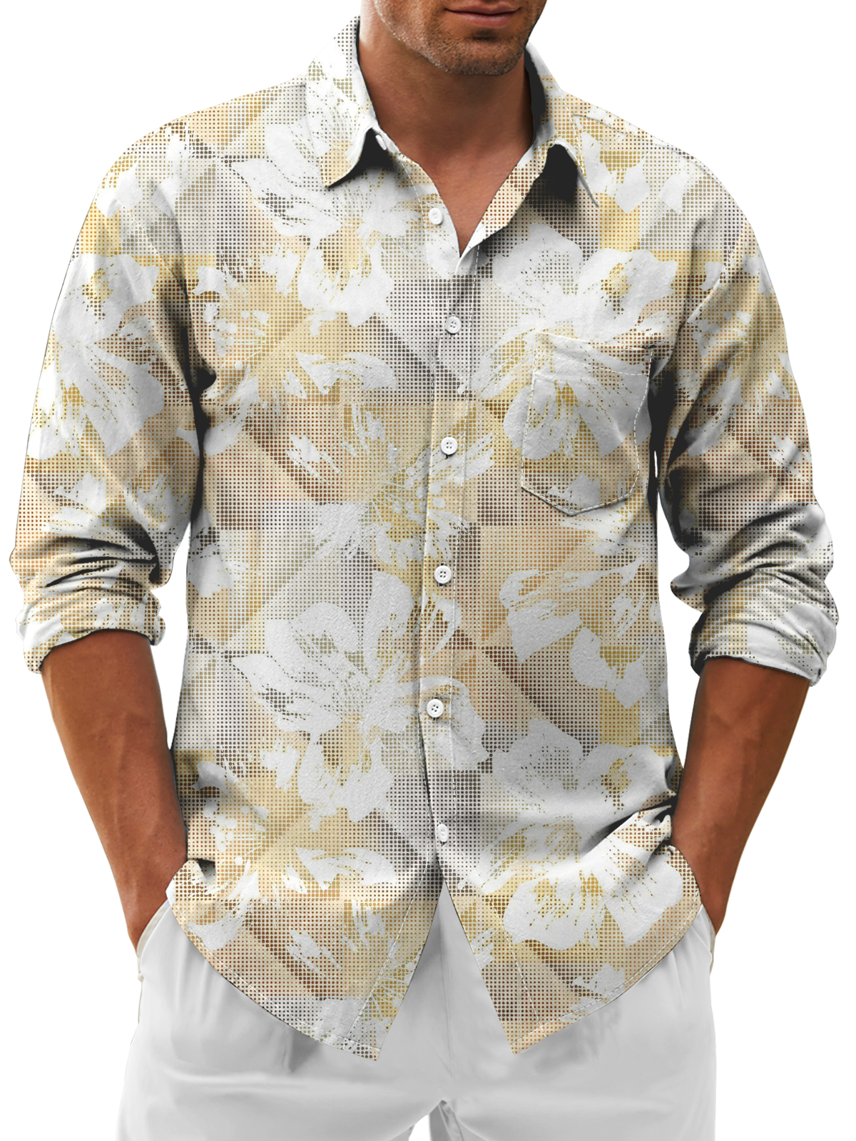 Moisture-Wicking Floral Geometric Chest Pocket Casual Long Sleeve Shirt