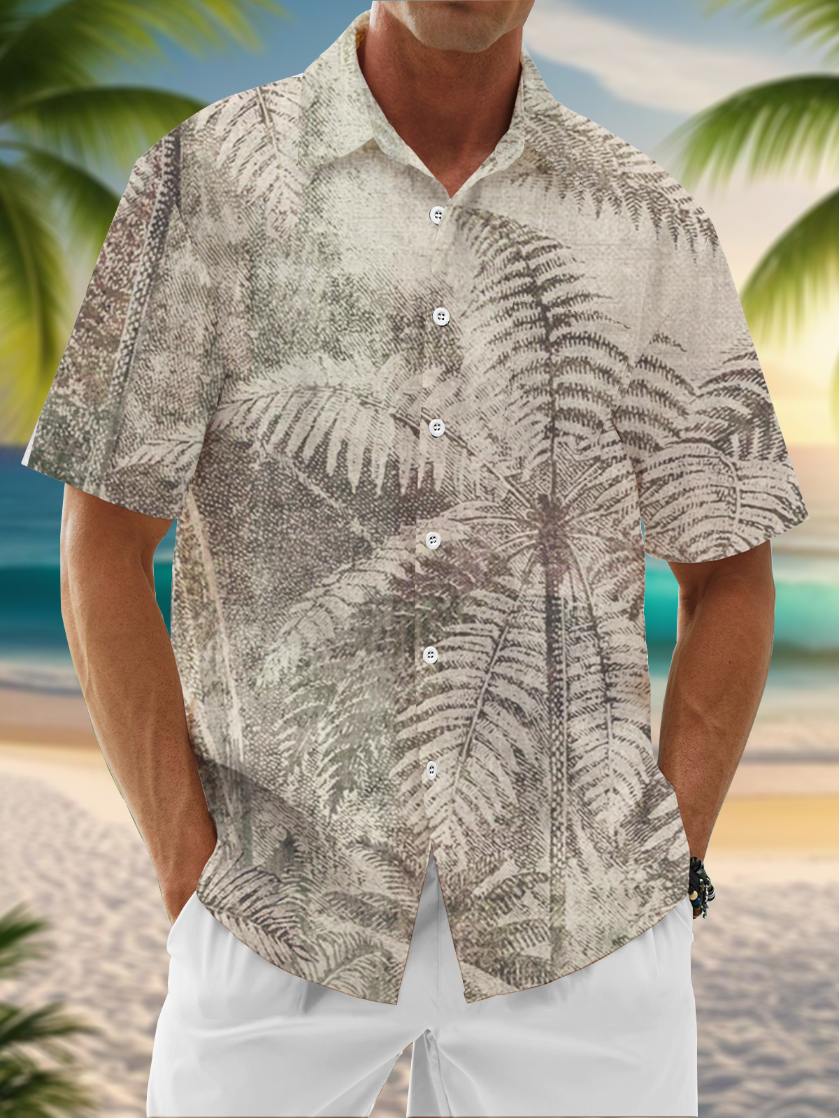 Moisture-Wicking Tropical Coconut Tree Chest Pocket Hawaiian Shirt