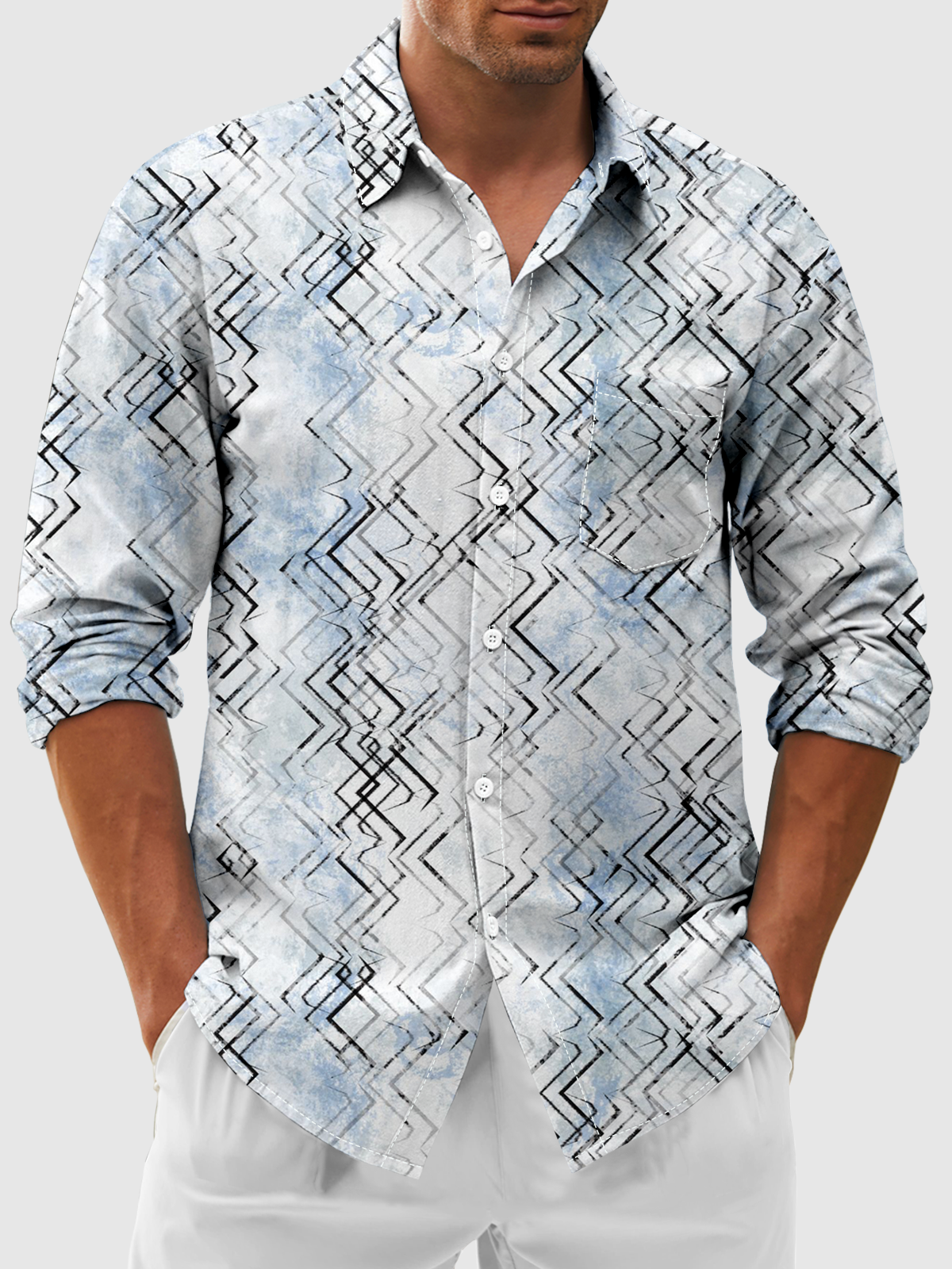 Moisture-Wicking Geometric Chest Pocket Casual Long Sleeve Shirt