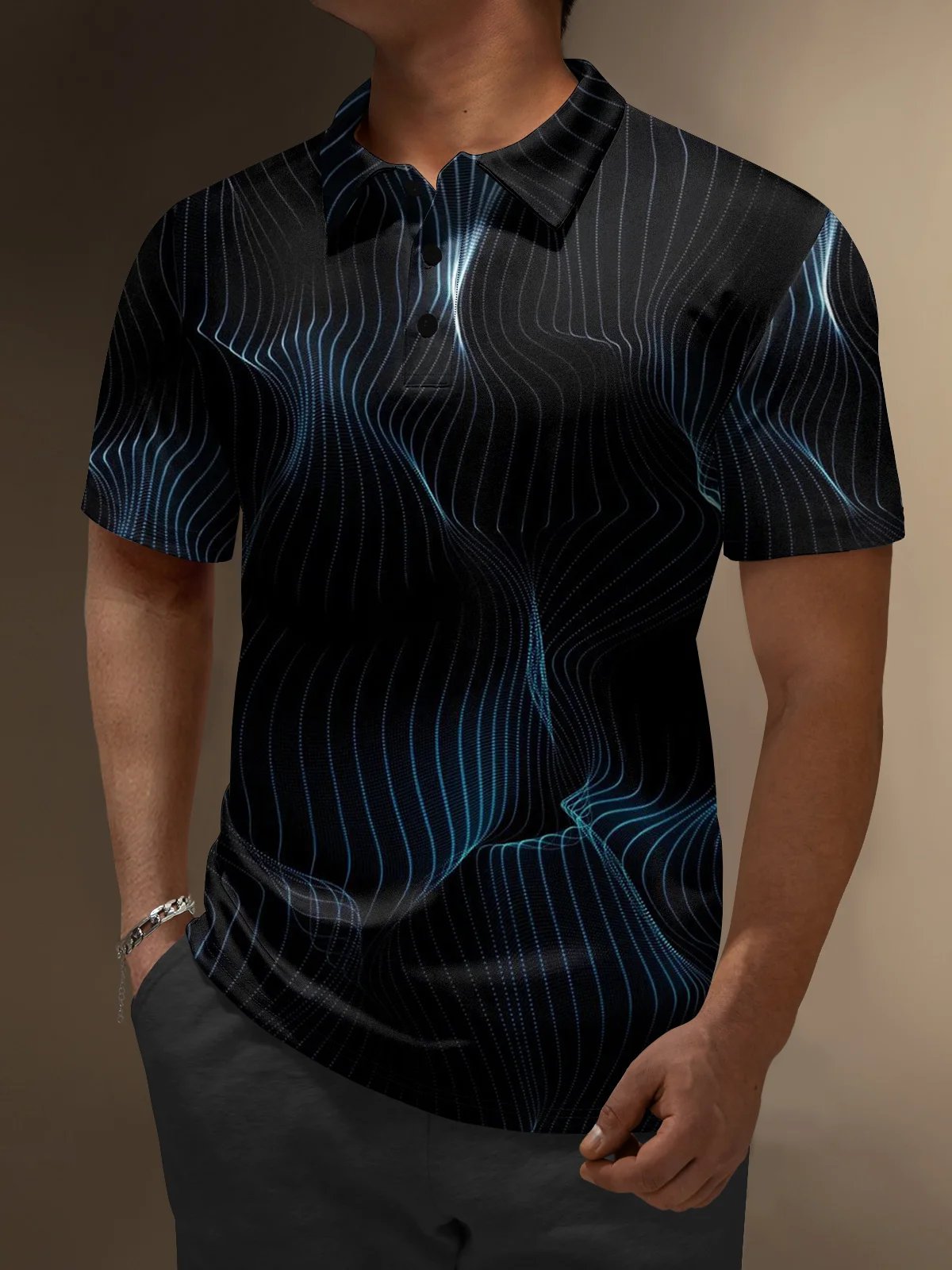 Moisture-Wicking 3D Gradient Abstract Stripe Short Sleeve Golf Polo