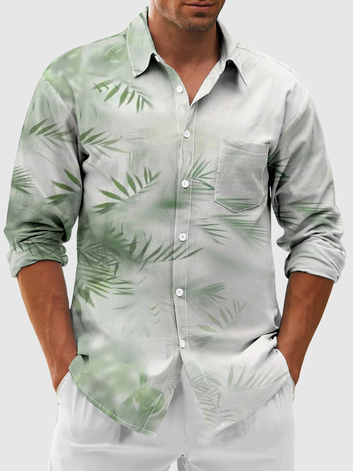 Moisture-Wicking Botanical Chest Pocket Long Sleeve Casual Shirt