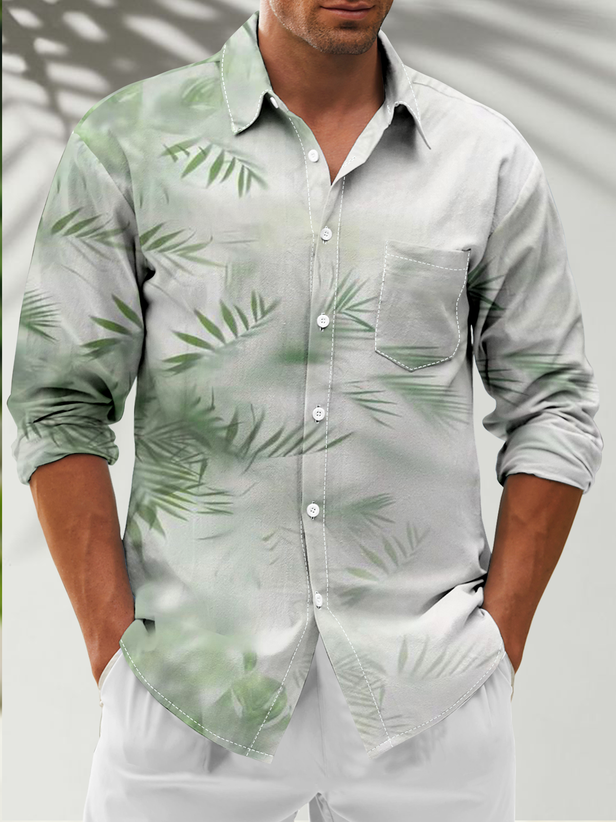 Moisture-Wicking Botanical Chest Pocket Long Sleeve Casual Shirt